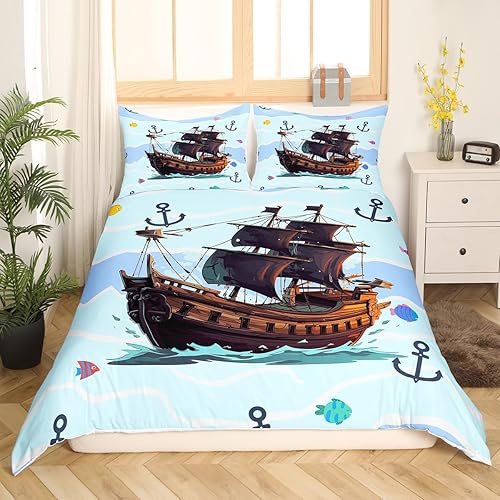 Miniatura 3 de Funda de edredón con diseño de barco pirata, tamaño Queen, funda de edredón con 2 fundas de almohada para adolescentes, adultos y niños, bonito
