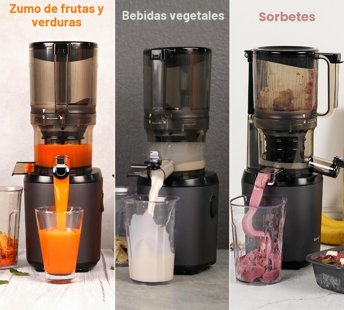 Kuvings | Extractor de jugo manos libres AUTO6 | Corte automático de frutas y verduras enteras | Cesta de 1,7 L | Limpieza fácil | Antracita