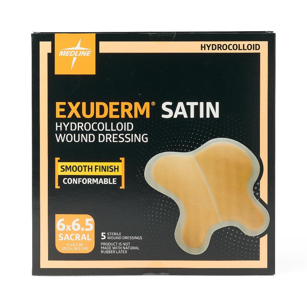 Medline Exuderm Satin Hydrocolloid Wound Dressings, 6.4 Inches x 6.5 Inches Sacral, Tapered Edge, Smooth Satin Backing, Box of 5 Each