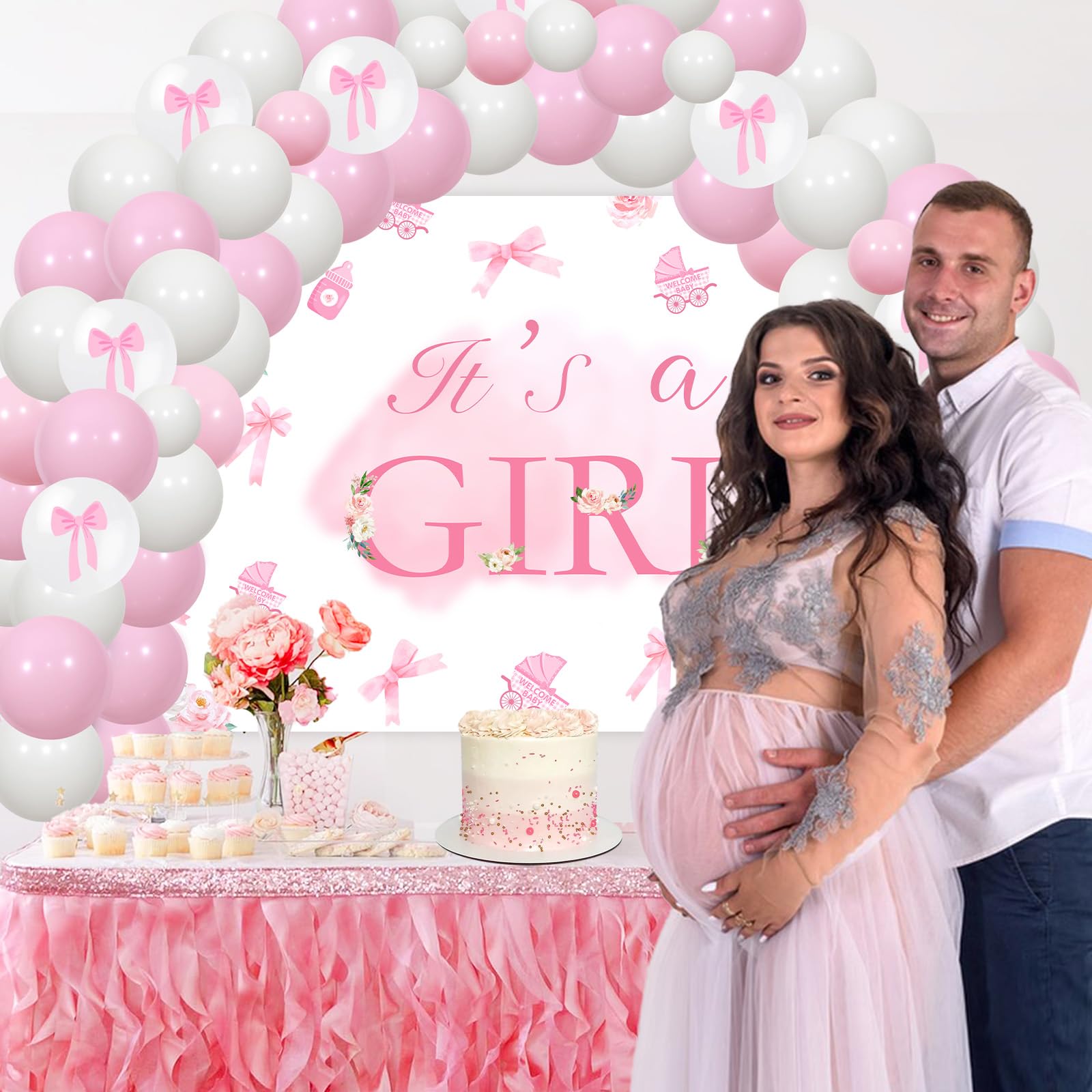 Jollyboom Pink Bow Baby Shower Decorations for Girl Its a Girl Backdrop Balloon Garland Kit for Pink Bow Baby Shower Oh Baby Gender Reveal Party Decorations - Image 3