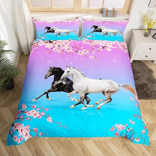 Juego de ropa de cama de caballo blanco para niñas, funda de edredón de caballo de granja rústica, tamaño Queen, funda de edredón con flor de cerezo