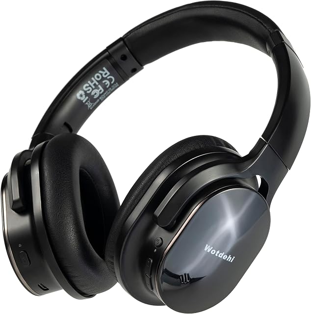 wotdehi Active Noise Cancelling Headphones, Deep Bass Wireless Headphone, Noise Reduction Headsets with Voice Assistant, Memory Protein Earpads 40 Hours Playtime for Travel/Home/Office-Black