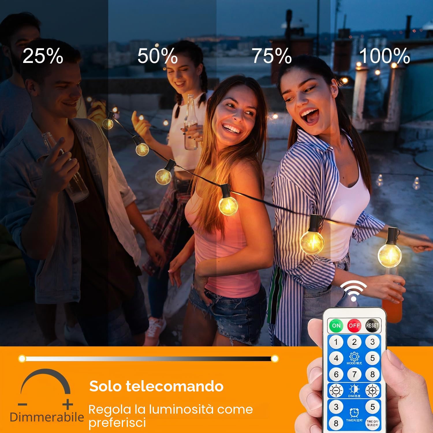 GreHom Catena Luminosa Esterno, 25+1 G40 LED, 15M/50FT, IP65 Impermeabile Luci da Esterno Giardino, USB o Carico Luci Solari Esterno, 8 Modalità, Decorazioni Giardino, Festa, Matrimoni, Gazebo