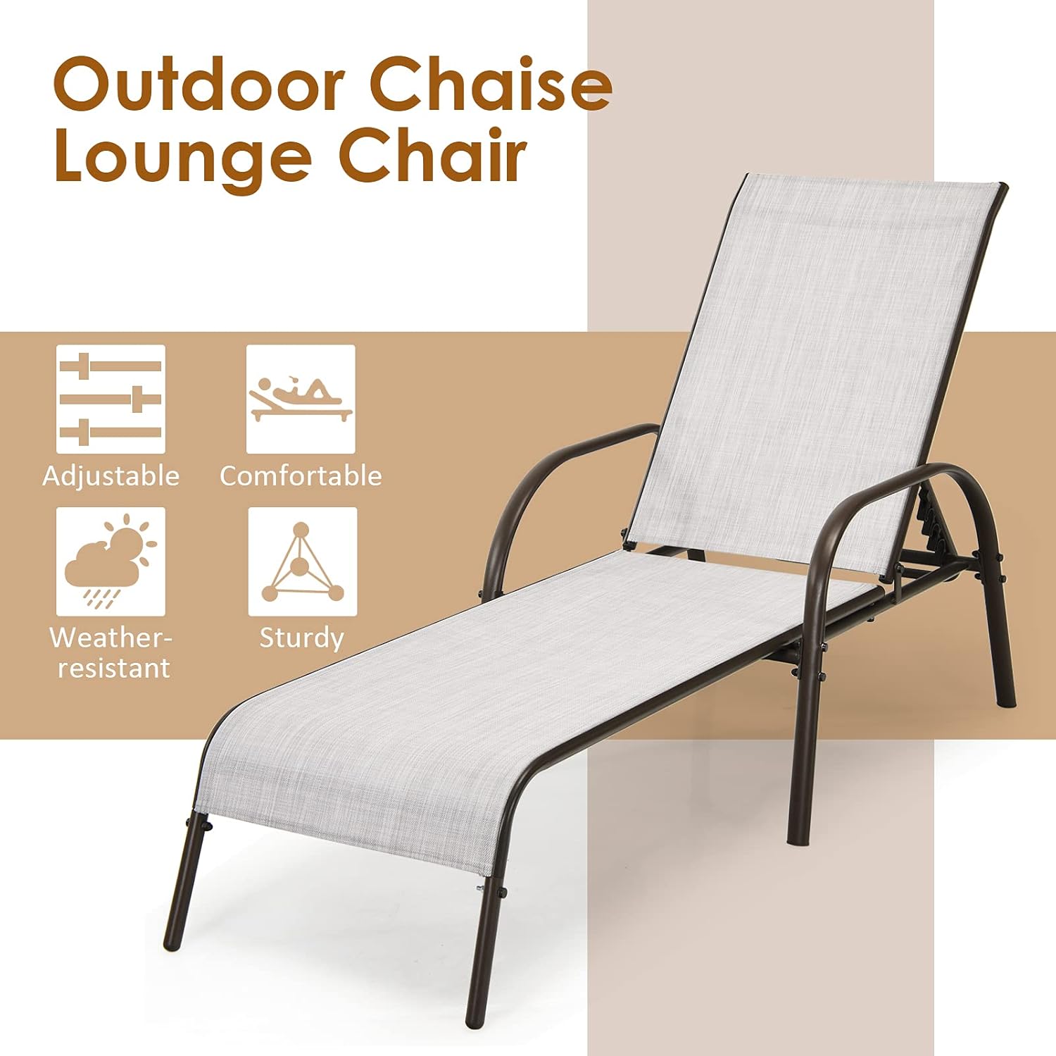 Tangkula Lounge Chair Outdoor, Patio Chaise Lounge with Adjustable Backrest, Reclining Pool Lounge Chair for Outside with Heavy Duty Steel Frame, Suitable for Beach, Yard, Balcony, Poolside