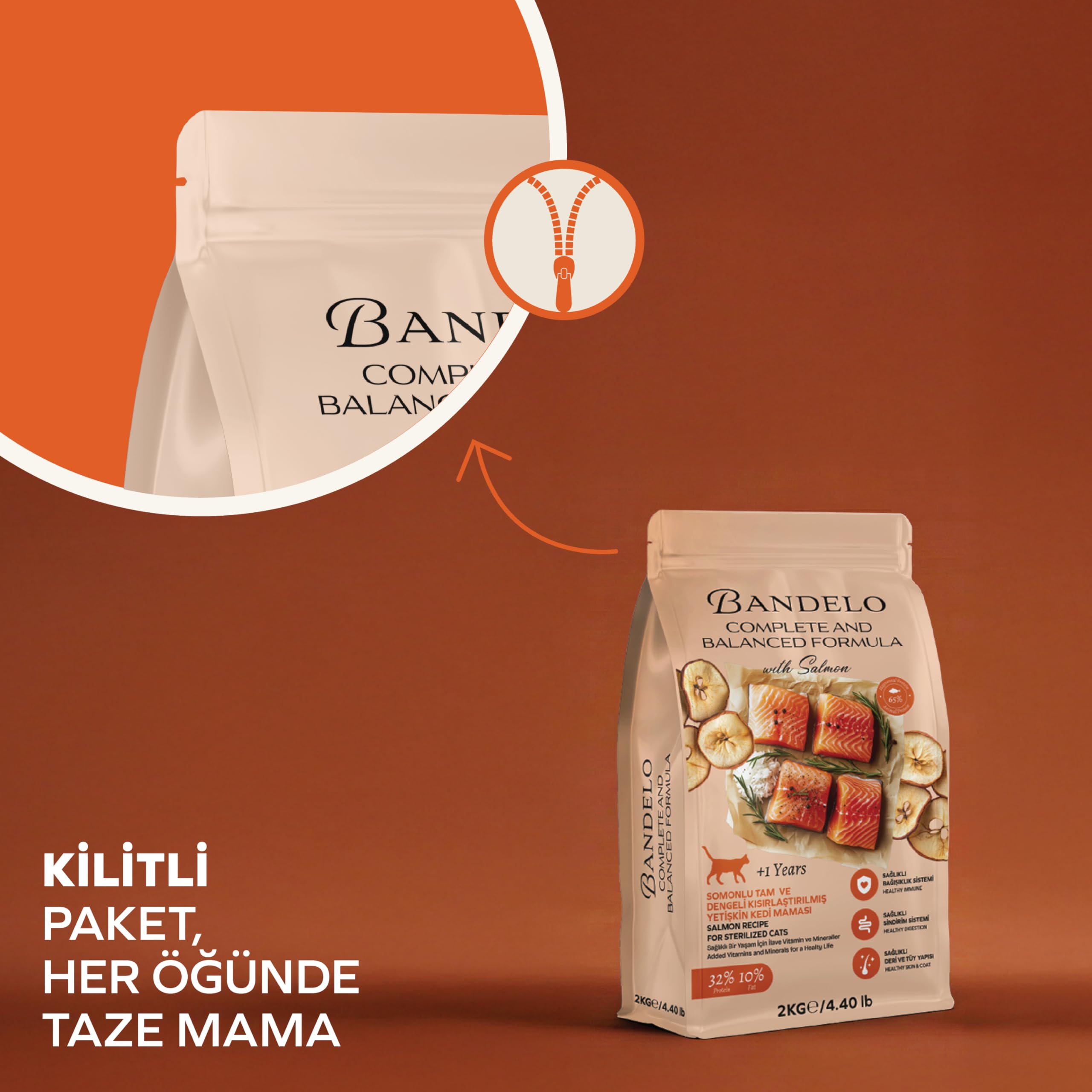 Bandelo Kısırlaştırılmış Somonlu Yetişkin Kuru Kedi Maması 2 Kg - Vitamin İlaveli Tam ve Dengeli Kilo Kontrolü, Yüksek Hayvansal Protein İçerikli Kuru Mama