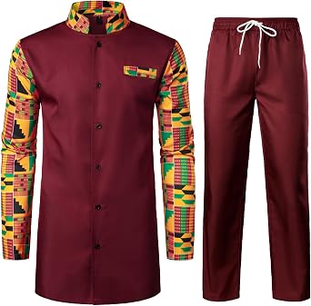 ZEROYAA Mens Kente Print Suit Long Sleeve Button up African Dashiki Shirt and Pants Ethnic 2 Piece Outfit