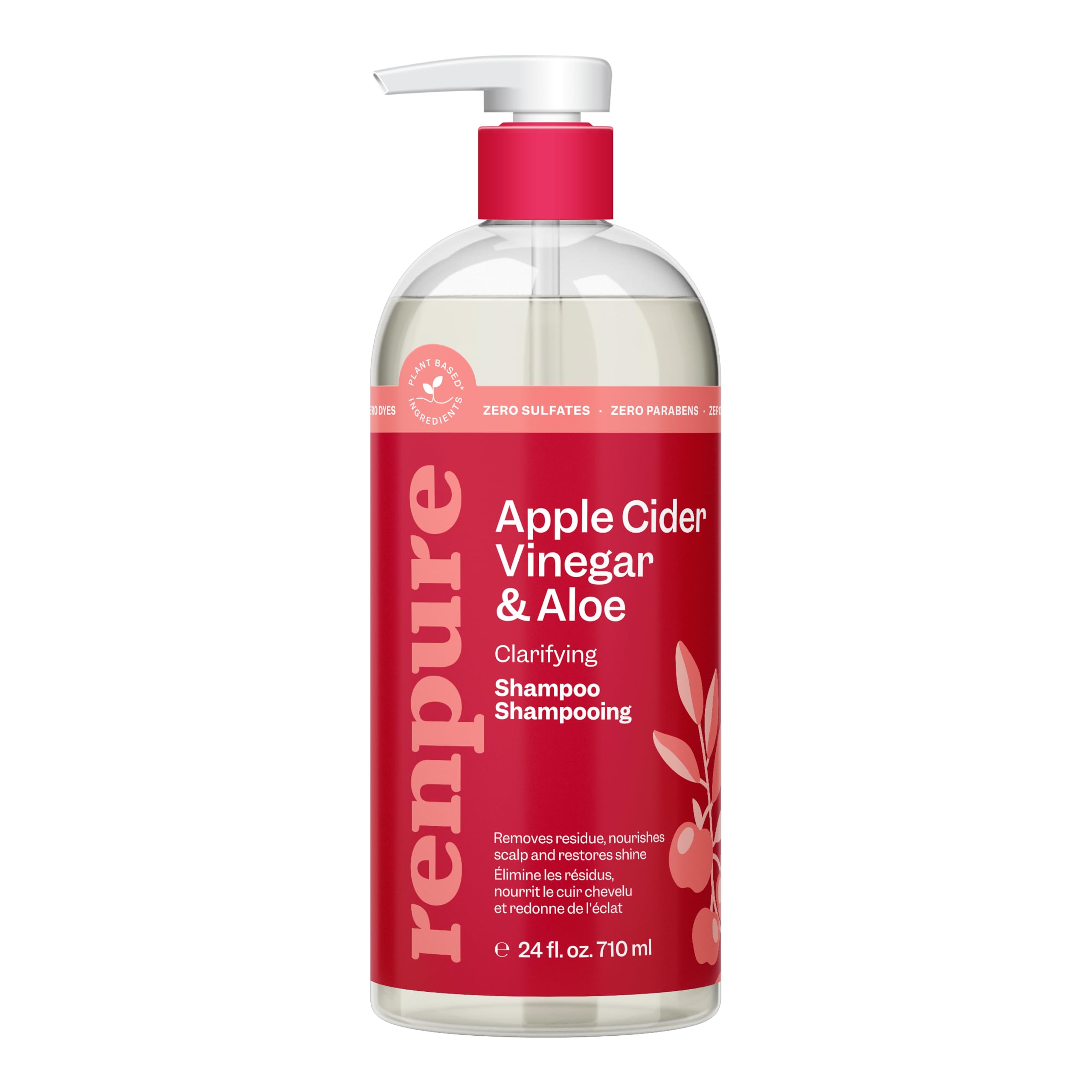 Renpure Apple Cider Vinegar & Aloe Shampoo, Plant-Based – Clarifies, Removes Residue and Nourishes for Shiny, Healthy Hair – For Dull Hair - Apple Cider Vinegar, Aloe Leaf Juice – 24 Fl Oz