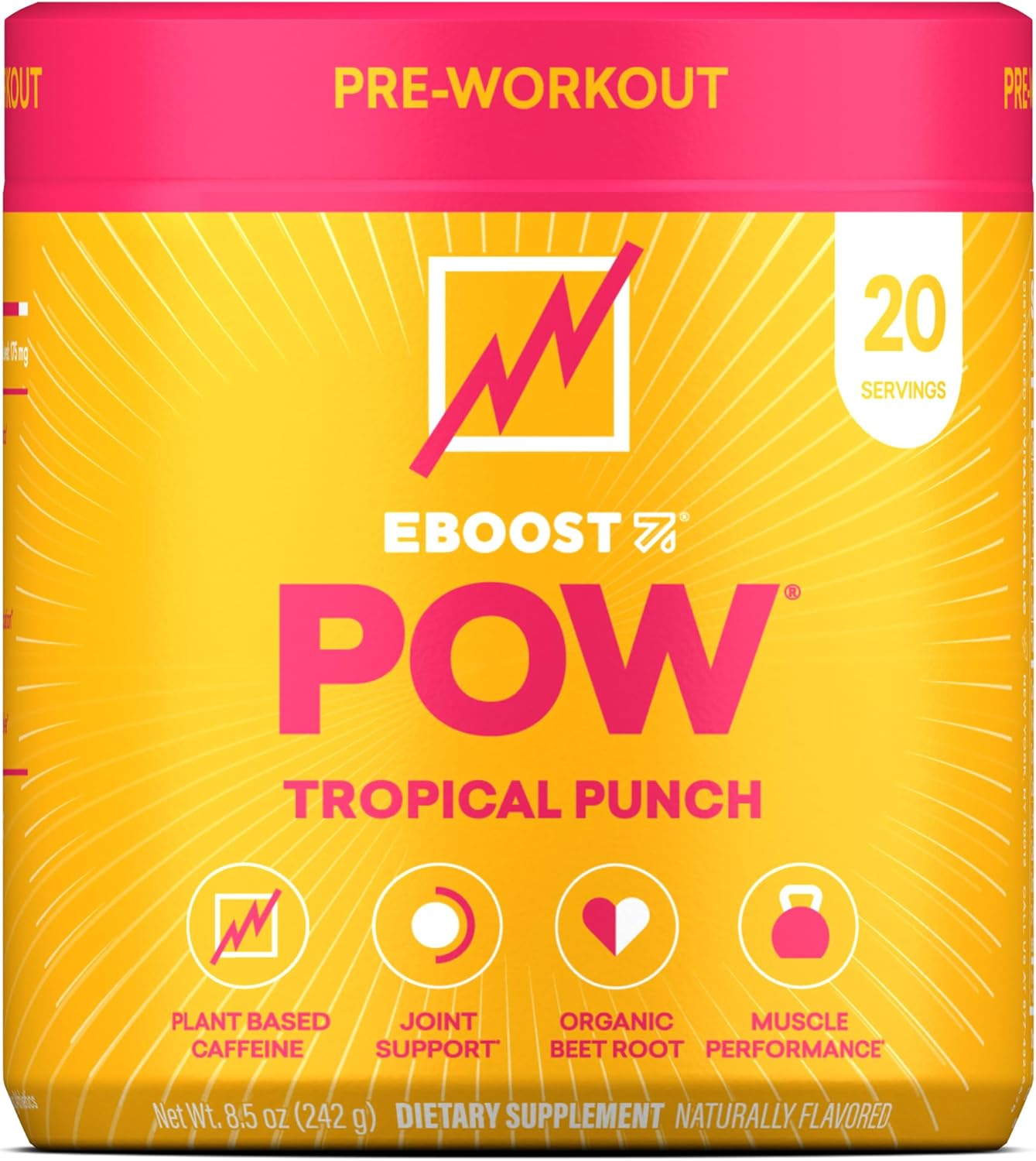 EBOOST POW Natural Pre Workout Powder – 20 Servings - Tropical Punch - A Pre Workout Supplement for Performance, Joint Mobility Support, Energy, Focus - Men & Women - Non-GMO, Gluten-Free, No Creatine