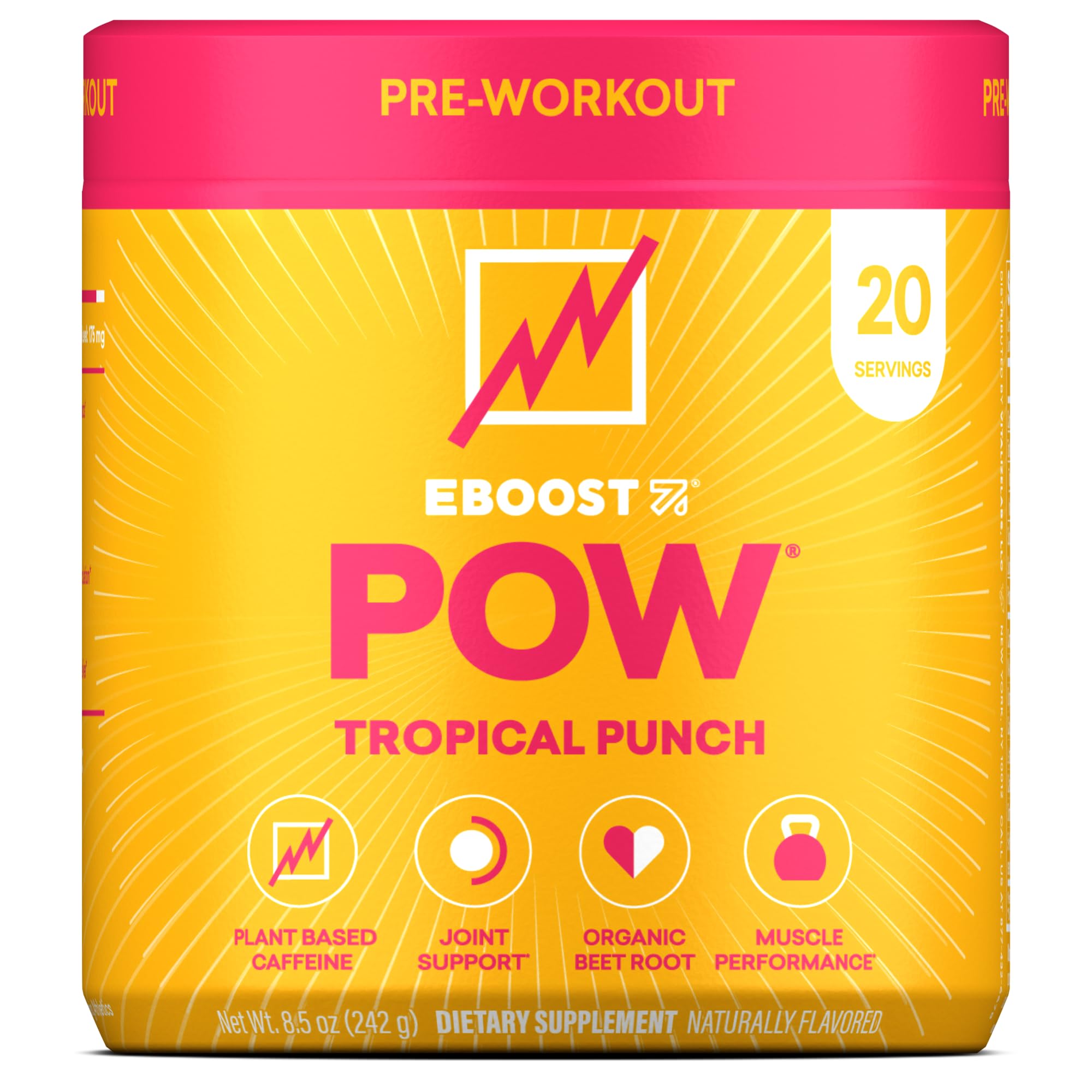 EBOOST POW Natural Pre Workout Powder – 20 Servings - Tropical Punch - A Pre Workout Supplement for Performance, Joint Mobility Support, Energy, Focus - Men & Women - Non-GMO, Gluten-Free, No Creatine