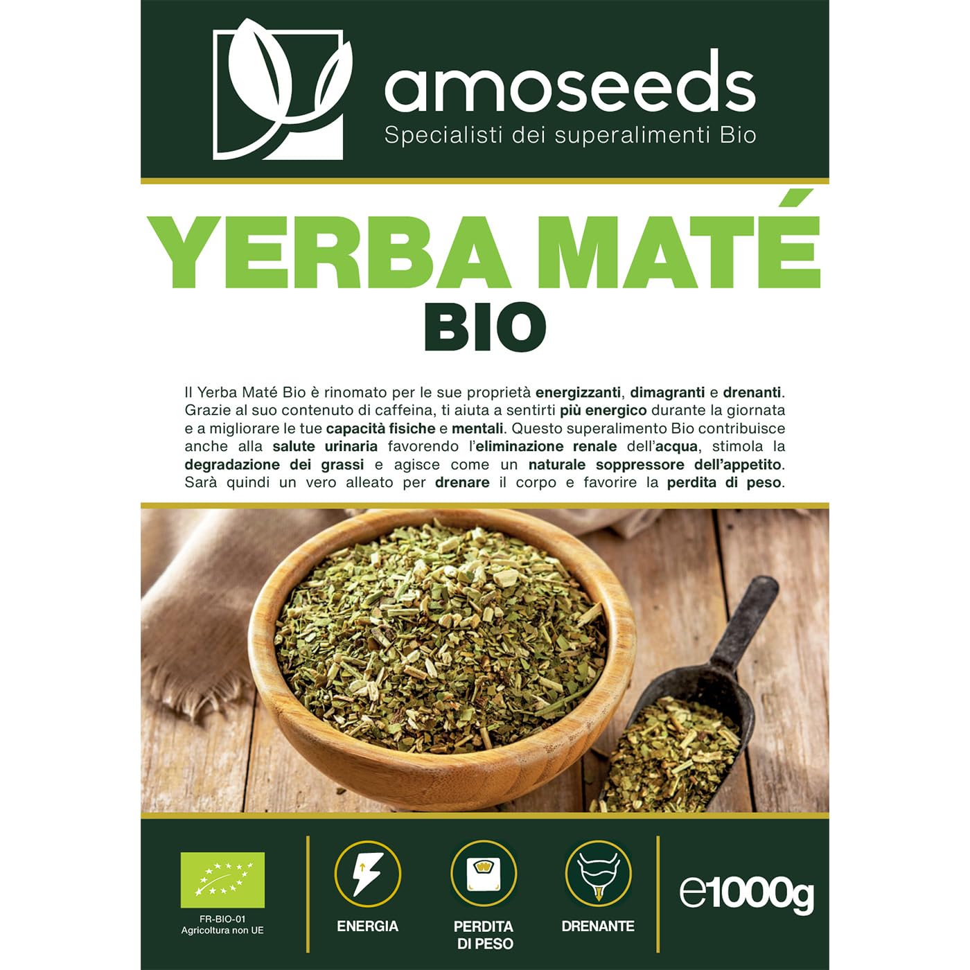 Yerba Maté BIO 1KG | Maté verde non affumicato | 100% foglie, senza steli | Energia, alternativa al caffè | Qualità superiore