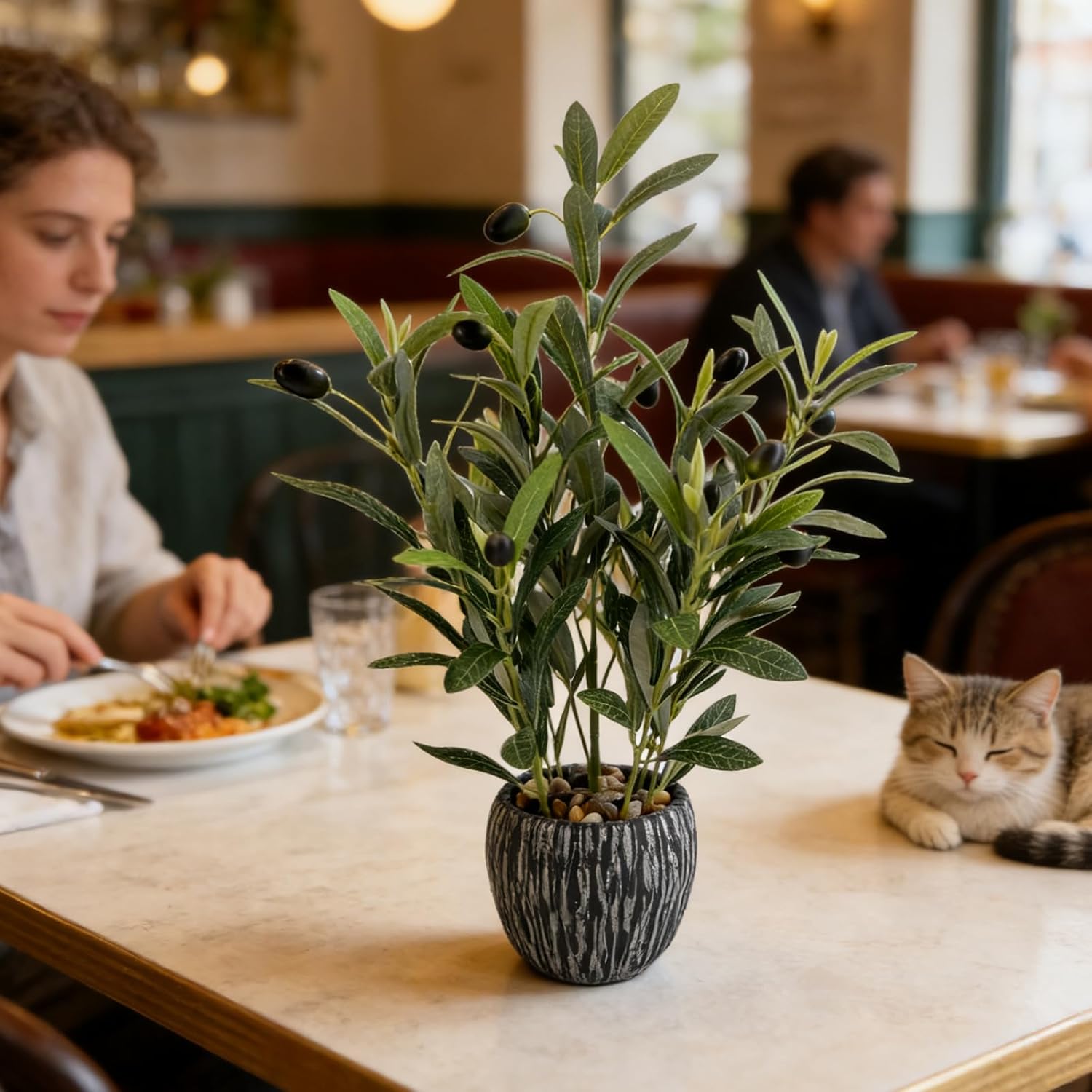 Olive Branches Artificial Plants Décor Indoor 17.72'' Tall Fake Olive Branch with Rustic Black Cement Planter for Vintage Room Bathroom Bedroom Kitchen Office Dese Coffee Table Décor