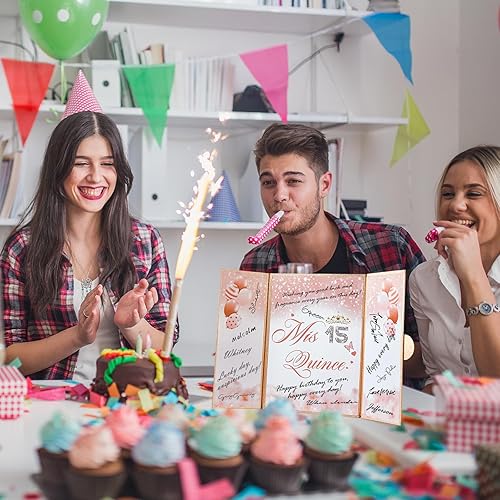 Miniatura 7 de Libro de invitados de quinceañera para decoraciones de cumpleaños de 15 años para adolescentes, signo de membrillo Mis para fiestas, centros de mesa