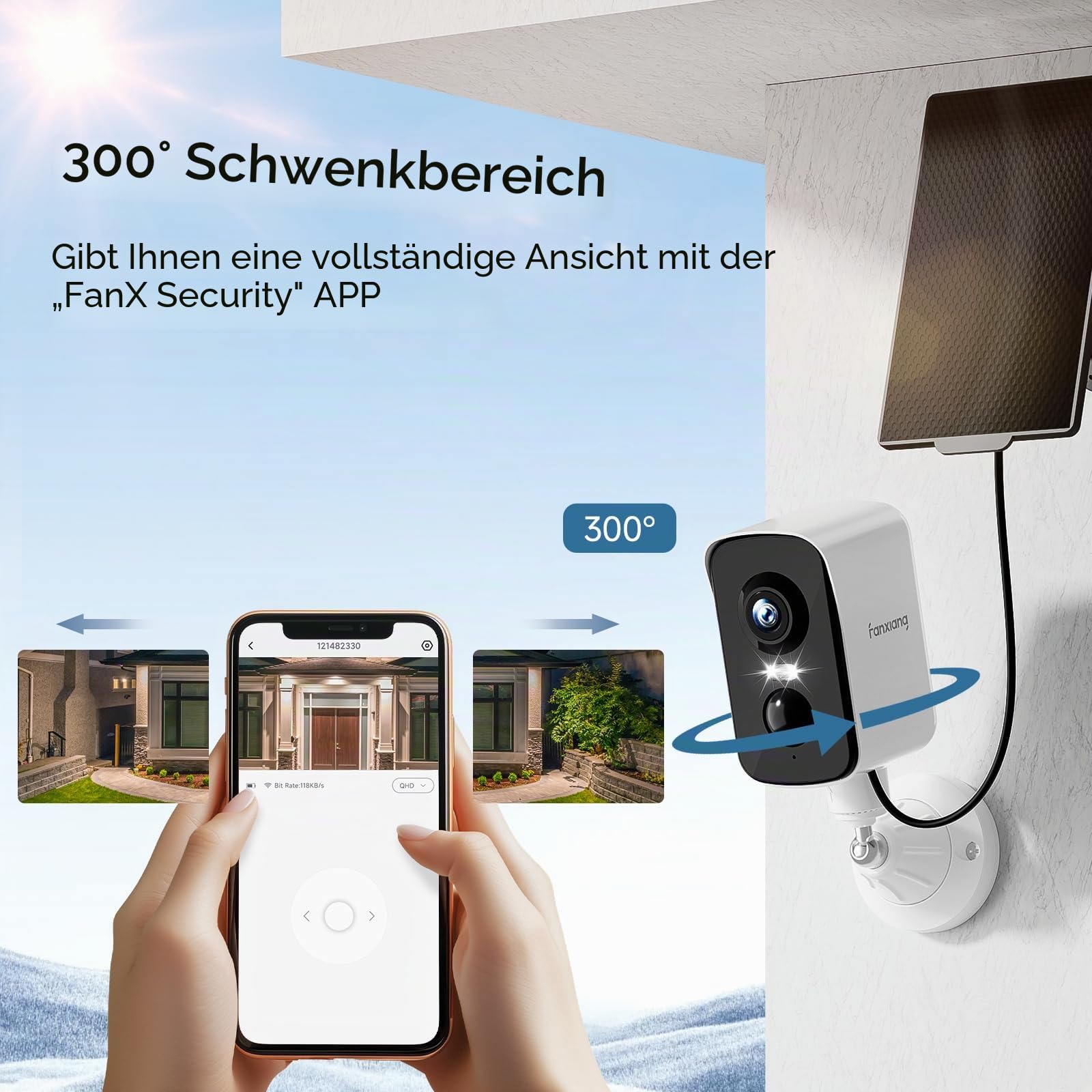 fanxiang 2K Magnetisch Überwachungskamera Aussen Akku, mit Solarpanel Kameraüberwachung Aussen WLAN, PIR Personenerkennung Tracking Bewegungserkennung Alarm, mit 64GB SD Karter, Spotlight, IP65