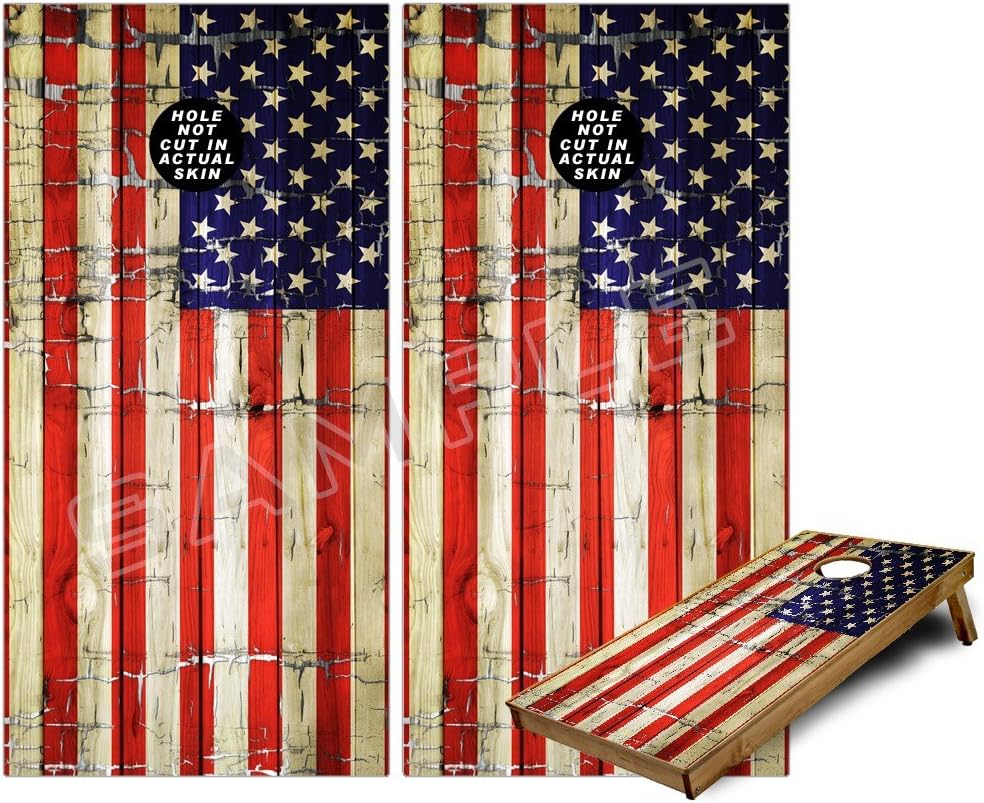 Cornhole Bag Toss Game Board Vinyl Wrap Skin Kit - Painted Faded and Cracked USA American Flag (fits 24x48 Game Boards - Gameboards NOT Included)