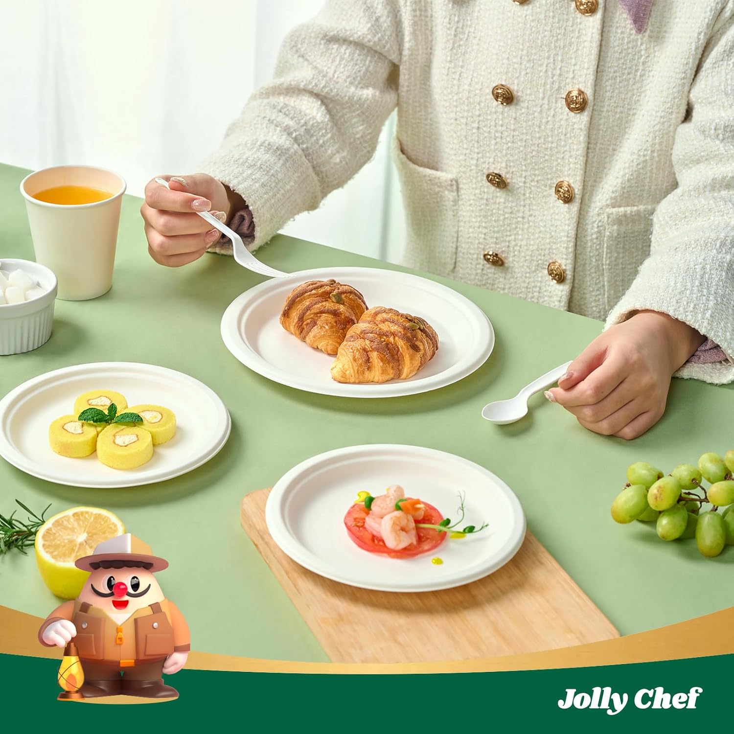 JOLLY CHEF Compostable Heavy Duty Plates 𝟳 𝗶𝗻𝗰𝗵 𝗮𝗻𝗱 𝟵 𝗶𝗻𝗰𝗵 [𝟭𝟮𝟬 𝗣𝗮𝗰𝗸] Eco-Friendly Disposable Paper Plates Bagasse Biodegradable Sugarcane for Party Hot Coold Food Christmas(White) - Image 6