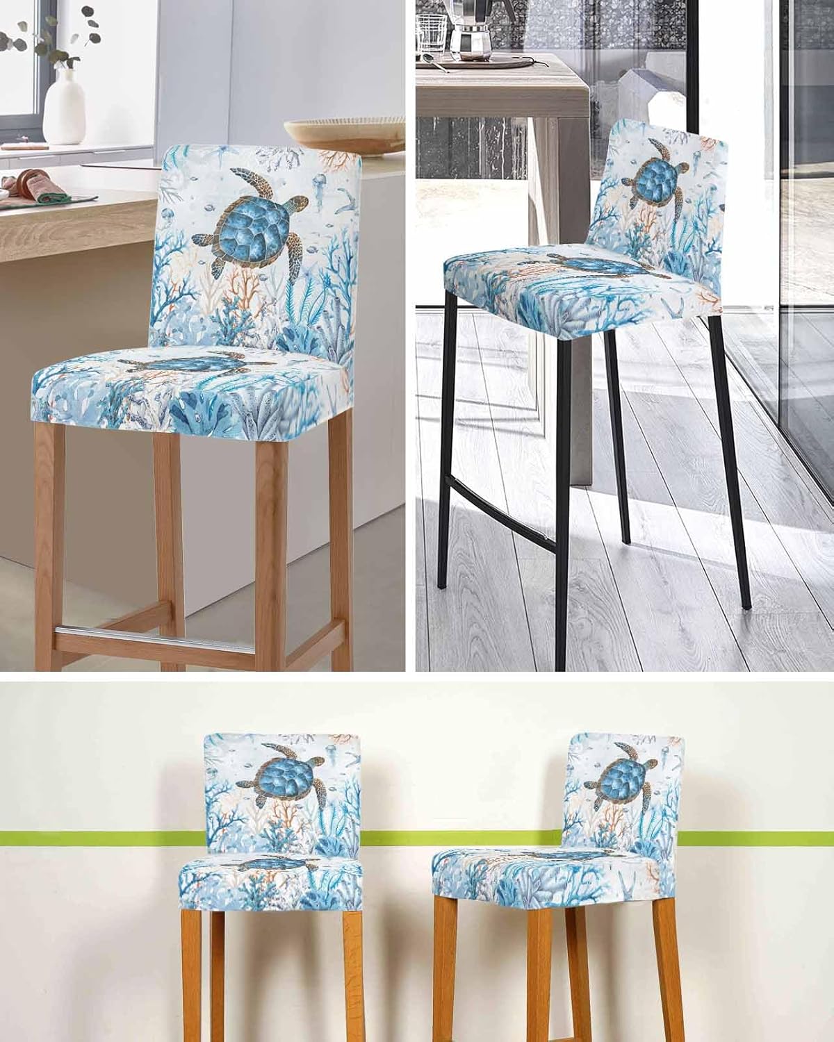 Bar Chair Stool Covers Set of 6, Blue Sea Turtle Stretch Washable Removable Bar High Chair Cover, Coastal Nautical Coral Summer Beach Seaside Elastic Bar Chair Protector for Kitchen/Restaurant