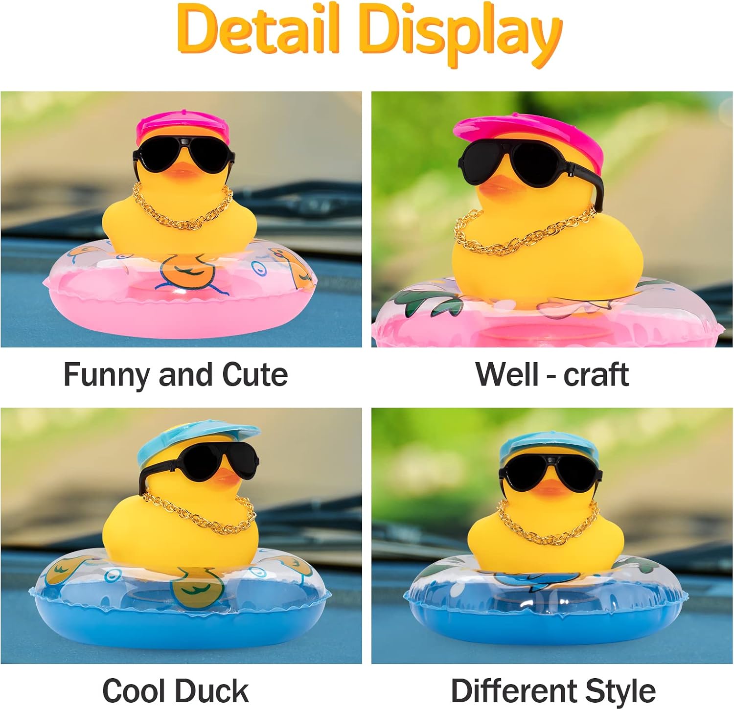 wonuu Rubber Duck Dashboard Decorations Visor Cap Duck Car Accessories for Car Ornament with Mini Hat Swim Ring Necklace and Sunglasses, C_red Cool hat
