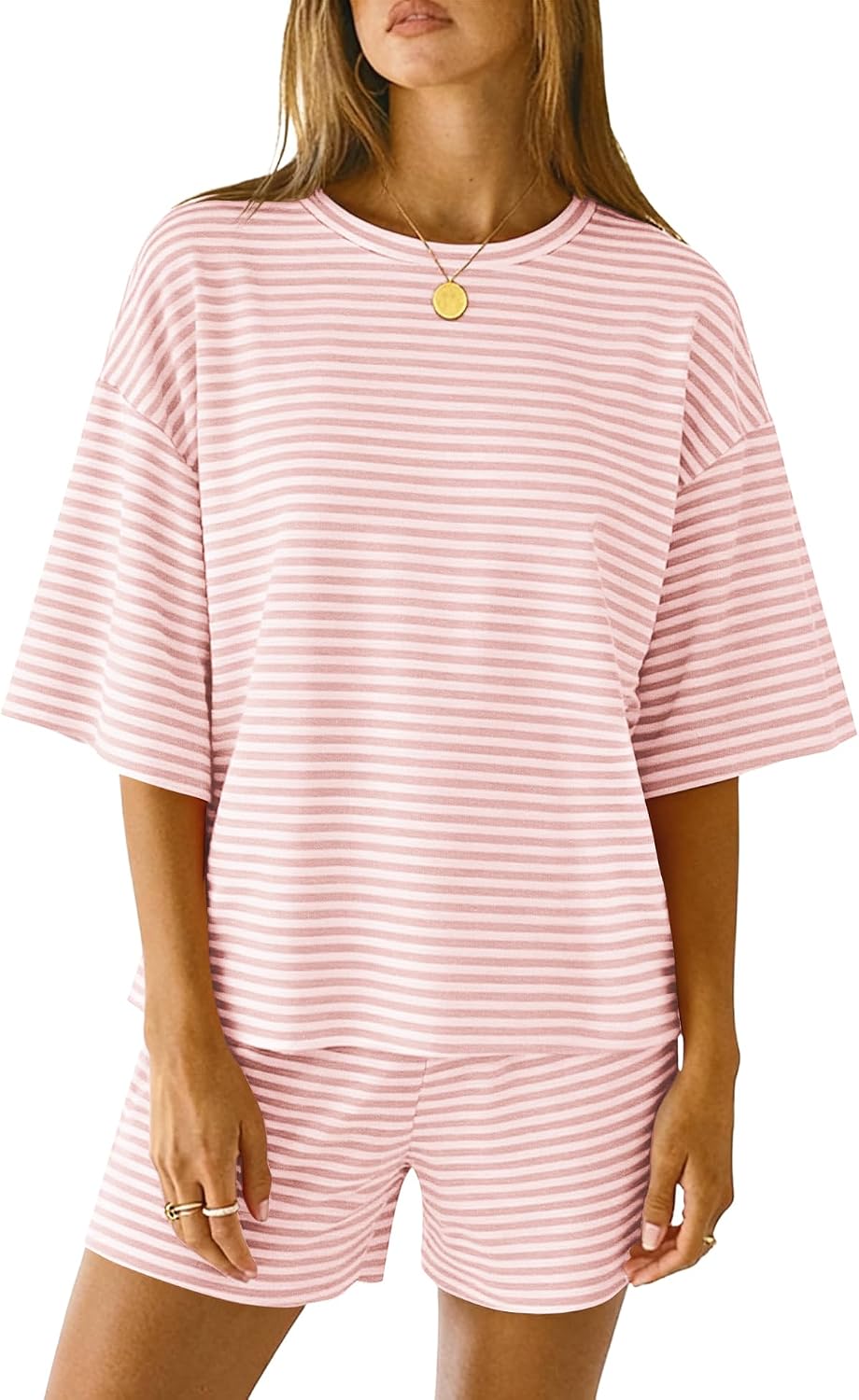 LOMON Two Piece Sets for Women Summer 3/4 Sleeve Tops and Elastic Waist Shorts Pajamas Cute Comfy Soft Lounge Striped Pjs