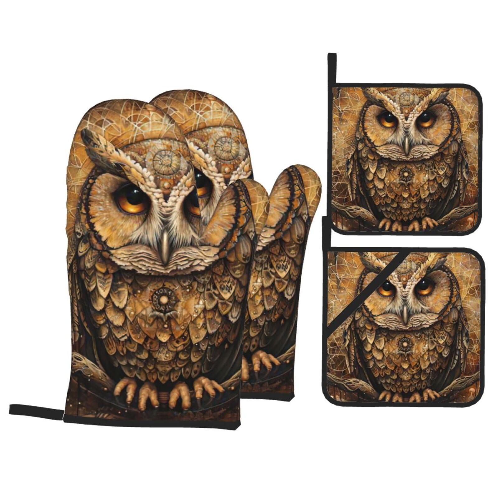 Owl Beliefs Print 4-Piece Oven Microwaving Set Waterproof Kitchen Gloves for Baking Grilling Cooking