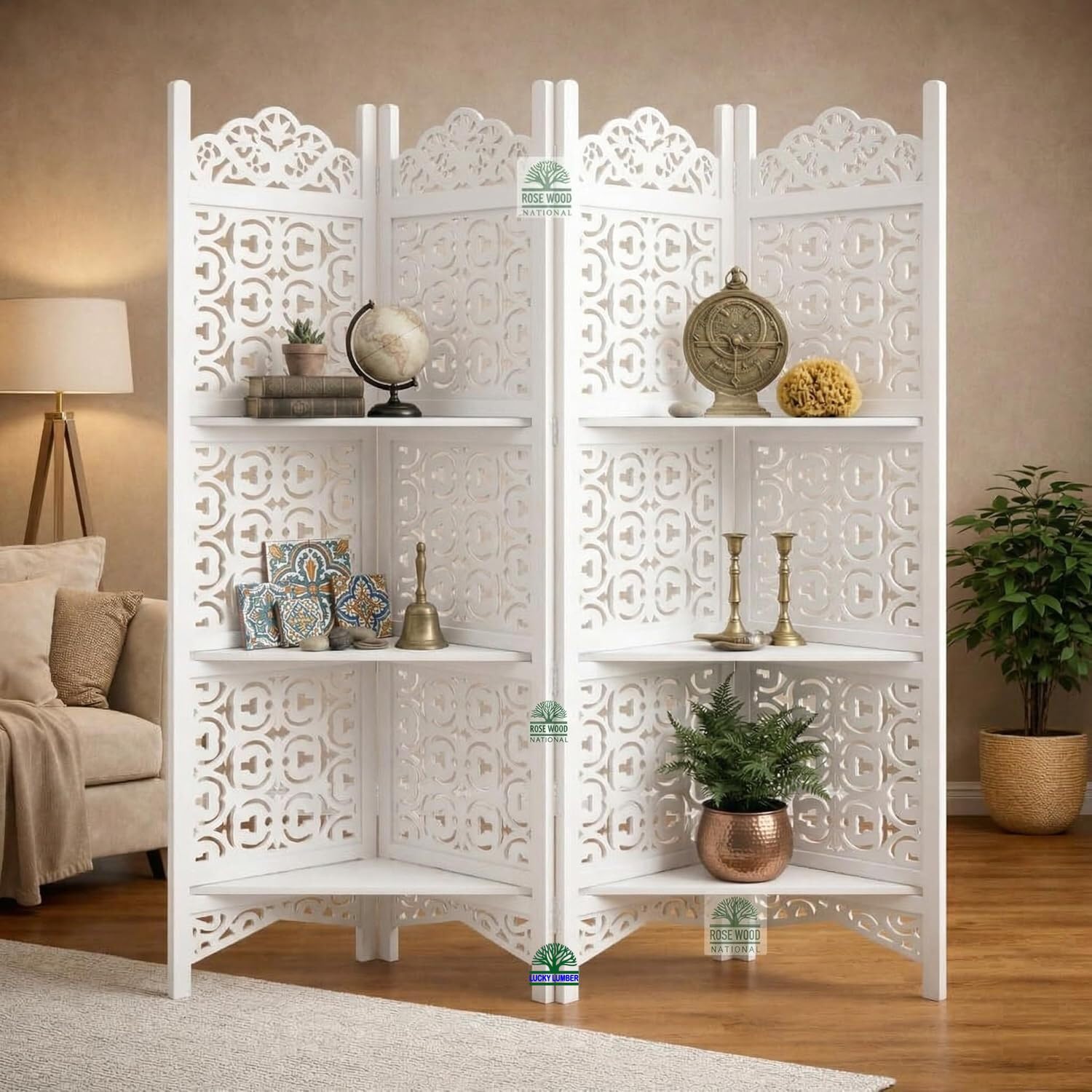 Lucky Lumber Wooden Living Room Partition Wooden Room Divider Solid Wood Room Divider Wood Separator Office Furniture Leaf Design Wooden Partition (6 Feet 4 Panel with Shelves White)-image-33