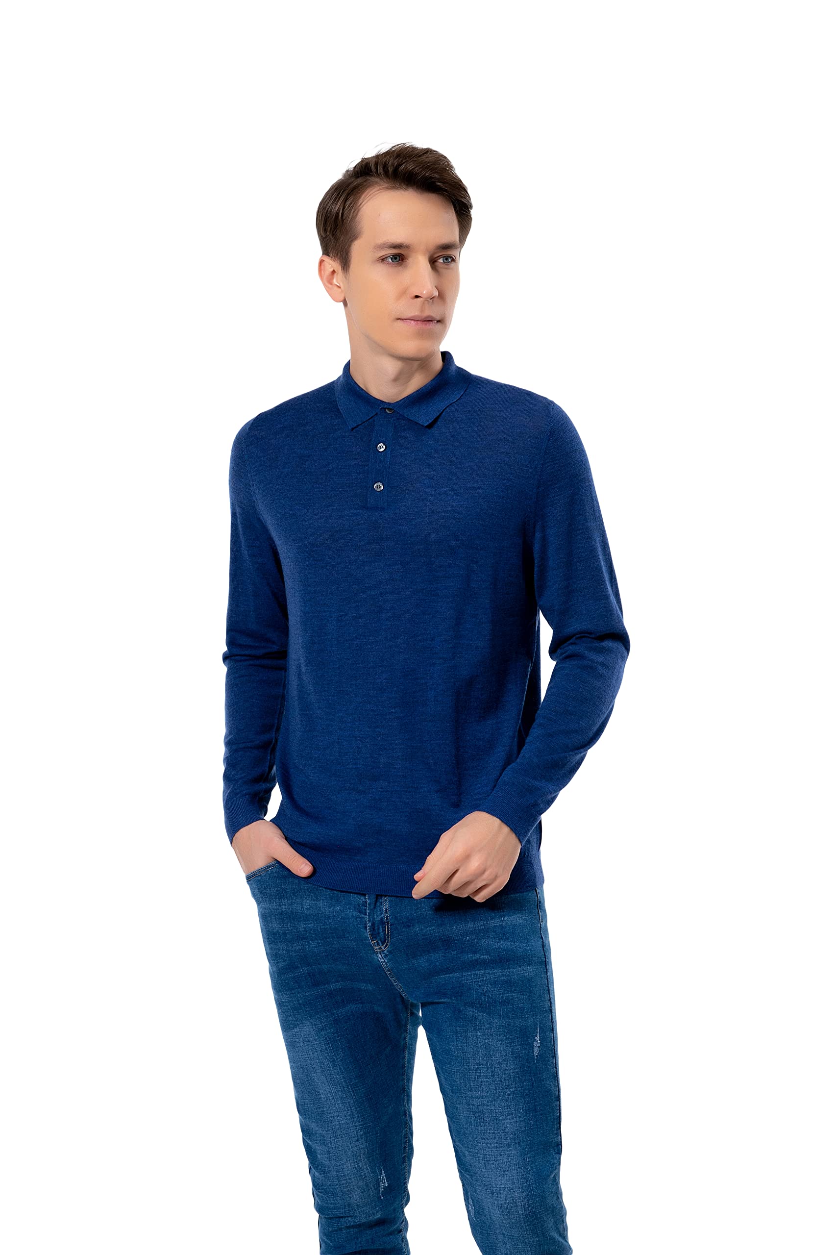WOSICA Men's 100% Extrafine Merino Wool Long Sleeve Polo (Heather Blue M)