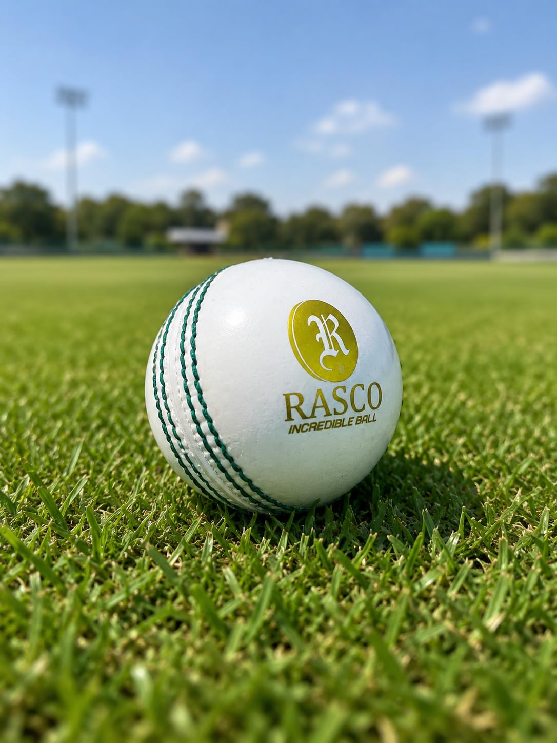 RASCO Incredible Cricket Ball, White, with Green Seam Stitching-picture-19
