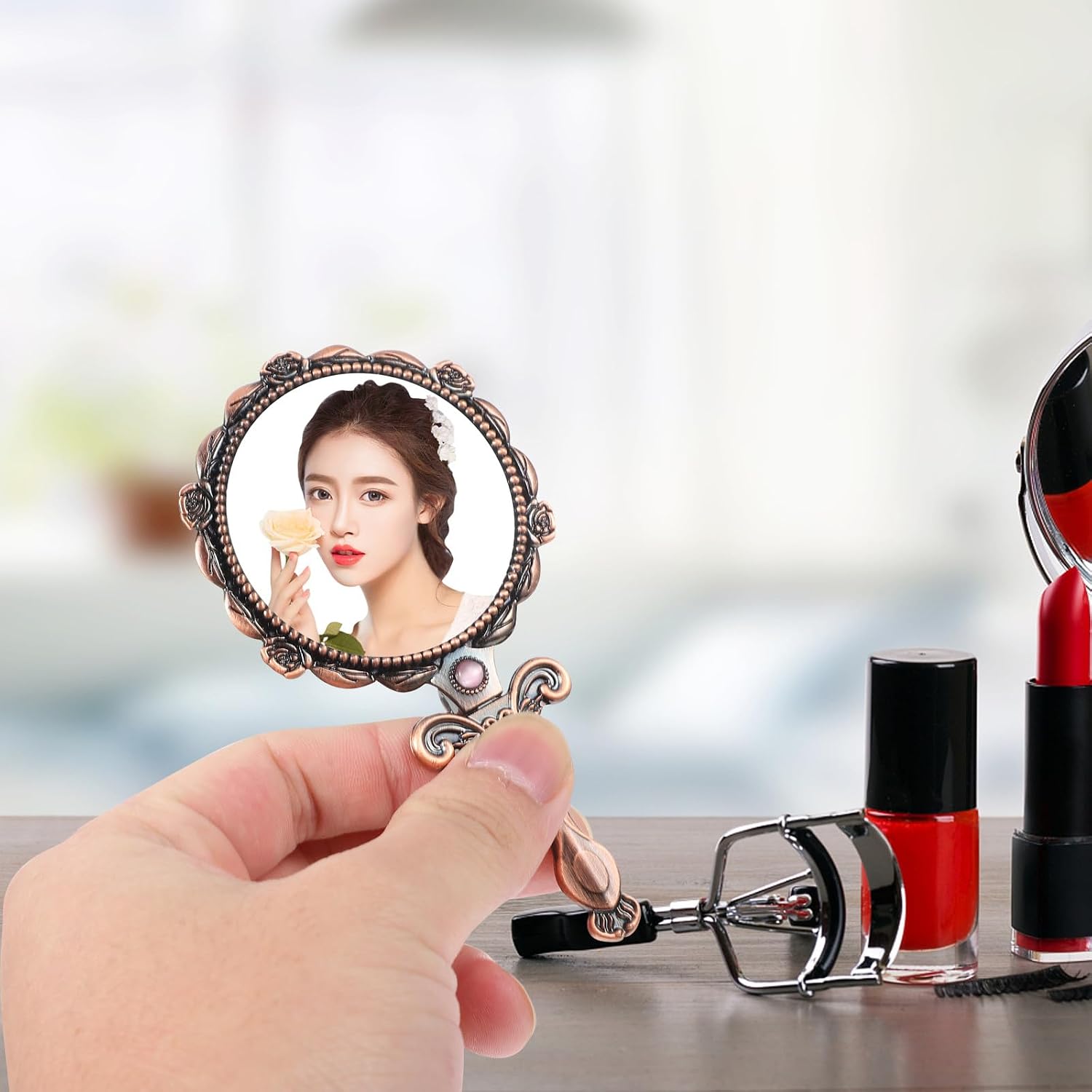 Vintage Handheld Makeup Mirror Foldable Pocket Cosmetic Mirror with Handle Retro Round Copper Color for Travel and Personal Care