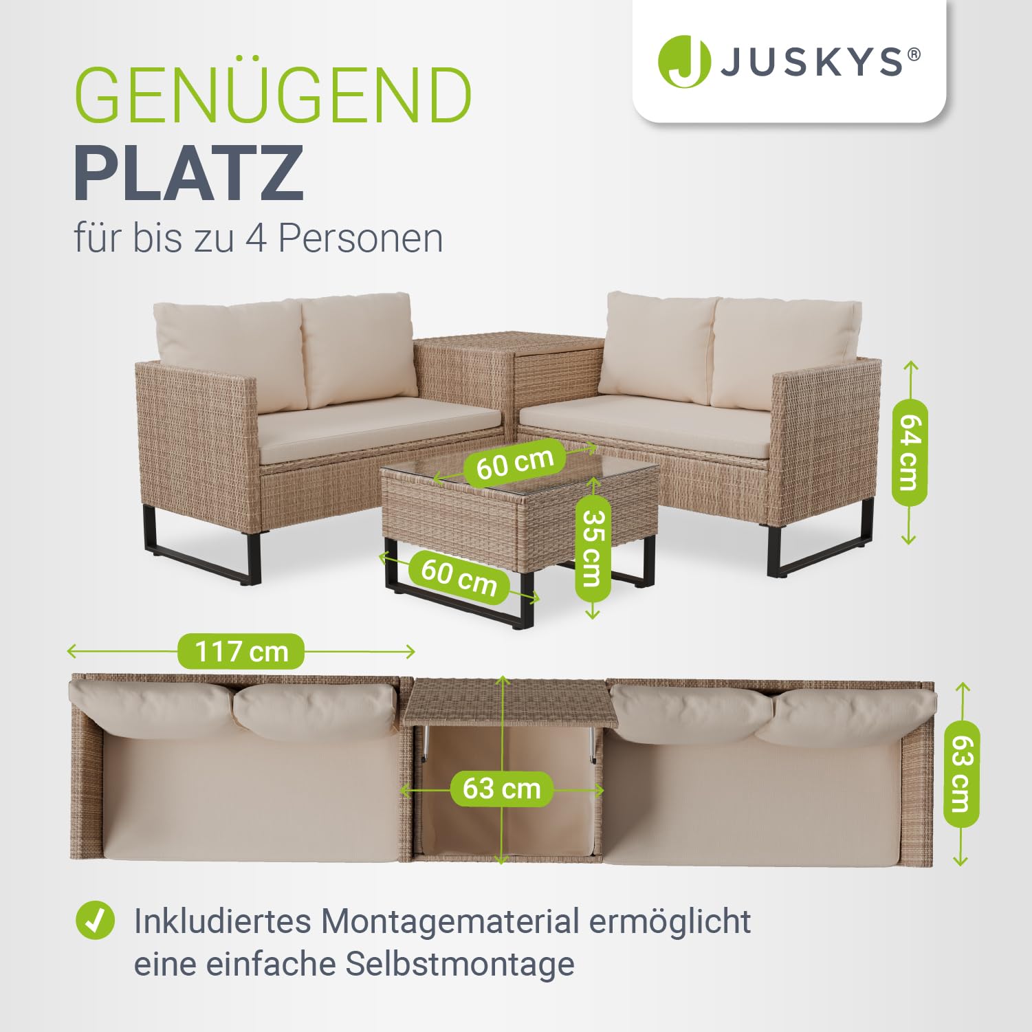 Juskys® Outdoor Polyrattan Lounge Santorini inkl. Abdeckung - Gartenlounge mit Beistelltisch & Auflagenbox - Gartenmöbel Set Rattan Sitzecke wetterfest - Creme
