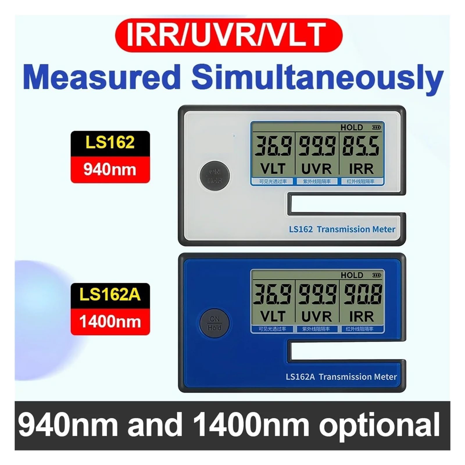 Medidor de Tinte de Ventana de automóvil portátil LS162/LS162A | VLT 380 nm–760 nm, UV 365 nm, IR 940/1400 nm, resolución 0,1 %, capacidad de calibración en tiempo real(LS162)