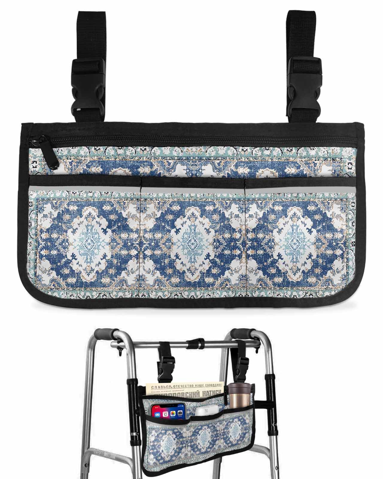 Anzona Navy Blue Boho Wheelchair Side Bag Walker Bag, Southwestern Ethnic Floral Wheelchair Accessories Armrest Pouch, Organizer Storage Bag for Walkers, Rollators, Scooters, 7.3''x13''