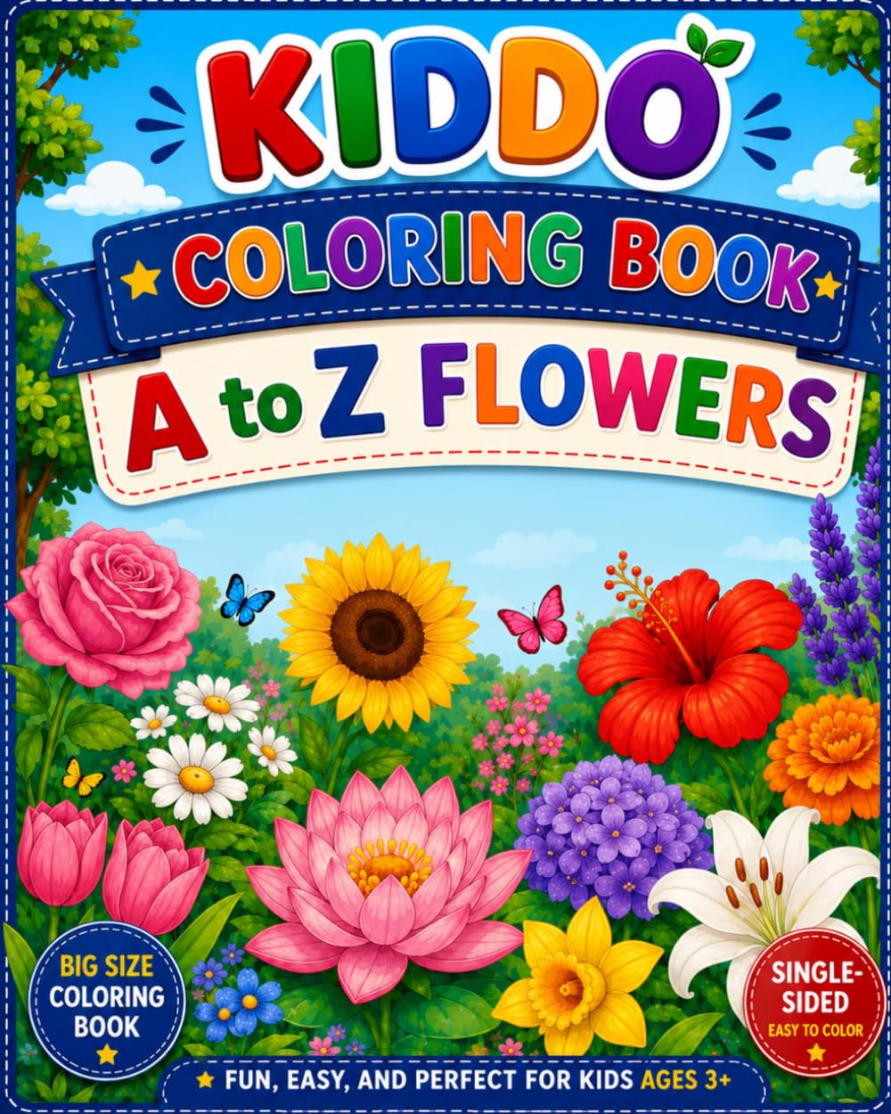 A to Z Flowers Coloring Book: ABC Big Size Flower Coloring Pages for Kids Ages 3+ | Fun, Easy Learning alphabets Simple Flower designs (Kiddo Coloring Books)