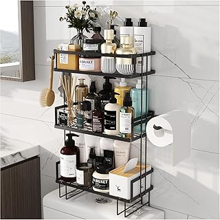 Over Toilet Bathroom Organizer,Over the Toilet Storage Shelf, Toilet Shelf with Toilet Paper Holder,Bathroom Shelf Over Toilet,3 Tier Toilet Storage Rack Black Metal,Bathroom Over the Toilet Organizer