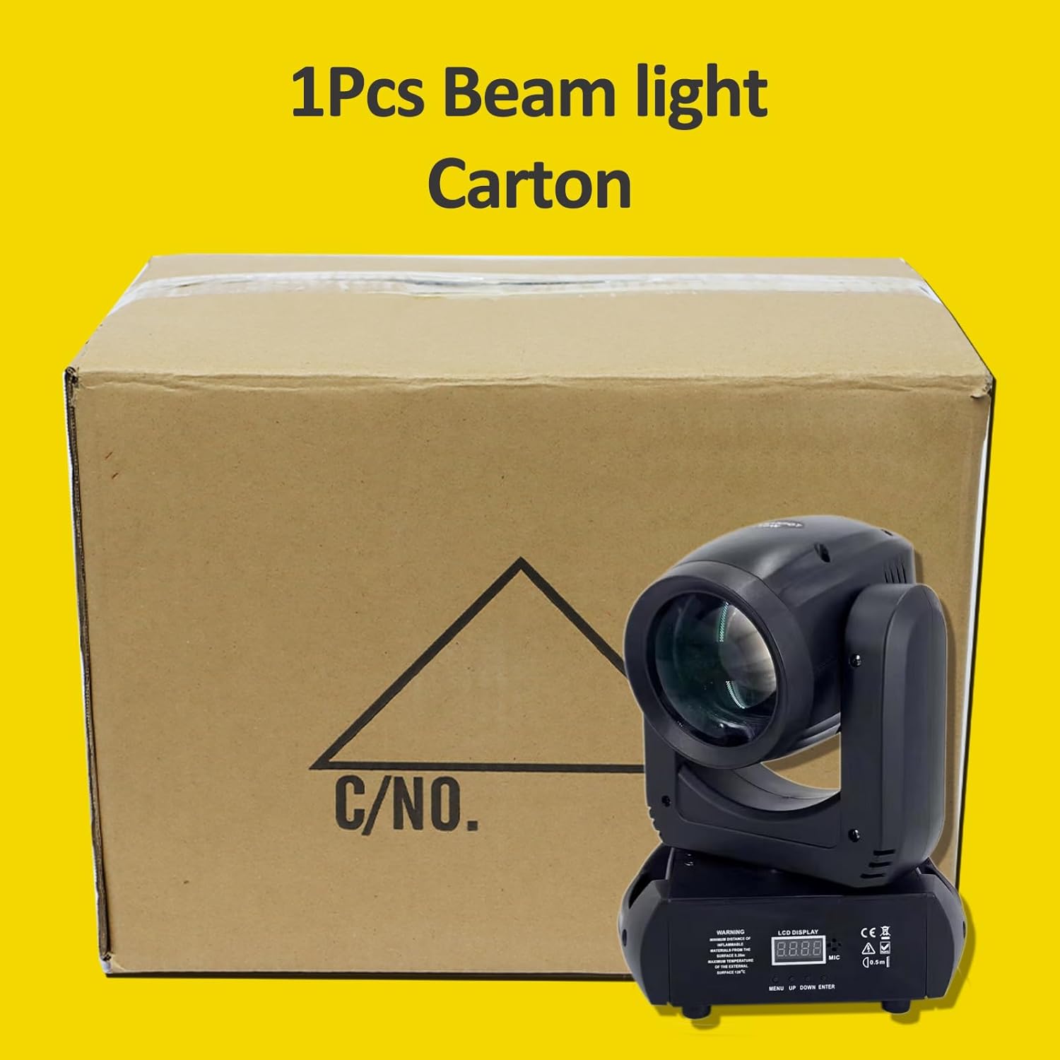 Contents of the product package, showing one moving head light, power cable, and user manual next to a cardboard box.