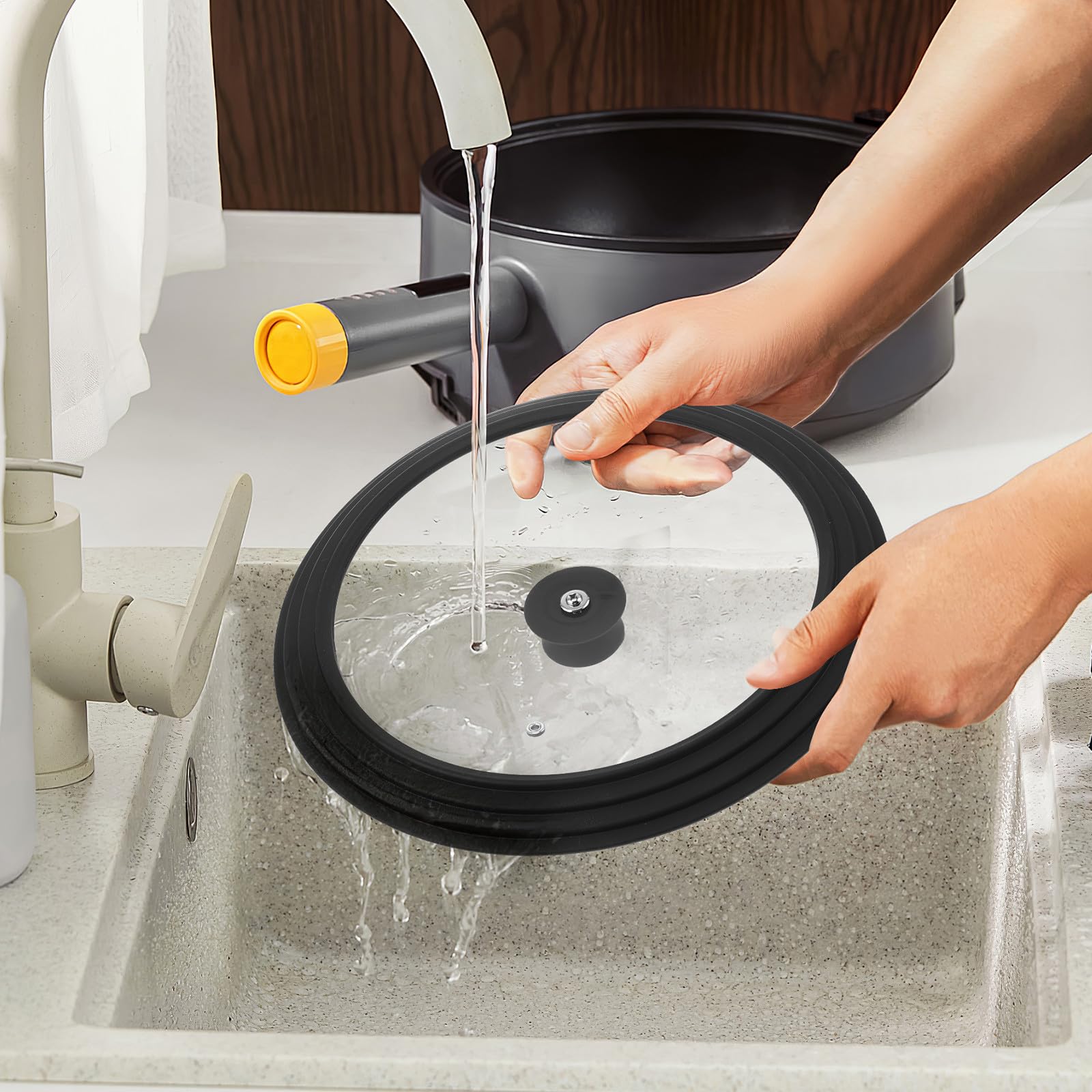 OUNONA Coperchio Nero in Vetro Temperato per Pentola e Padella in Silicone Rotondo, Facile da Pulire, Adatto per Pentole da 22-26 Cm