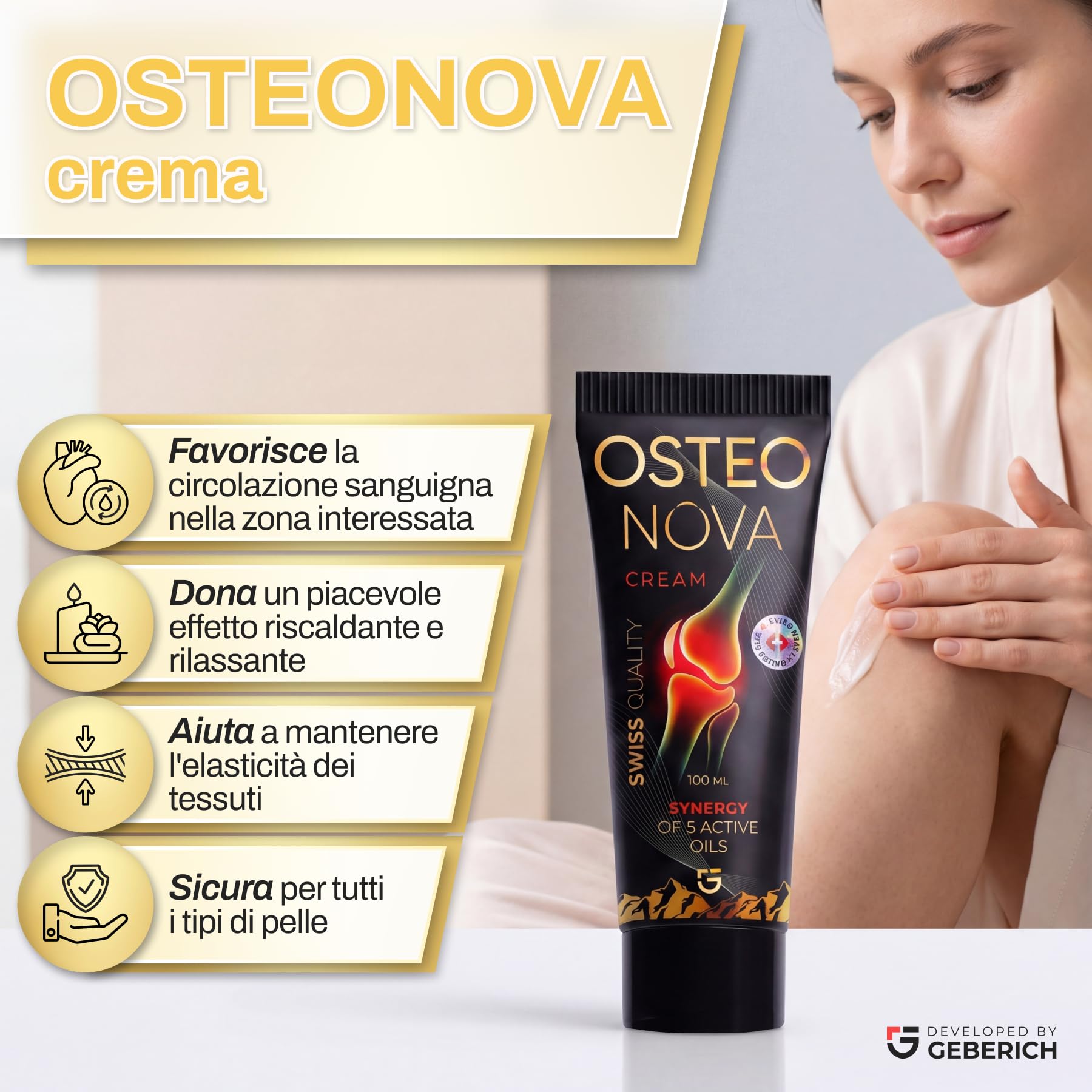 OSTEONOVA | Crema per Articolazioni e Muscoli | Effetto Riscaldante e Rilassante | Con Artiglio del Diavolo, Capsicum, Mentolo, Olio di Eucalipto, Olio di Menta e Acido Salicilico | 100 ml