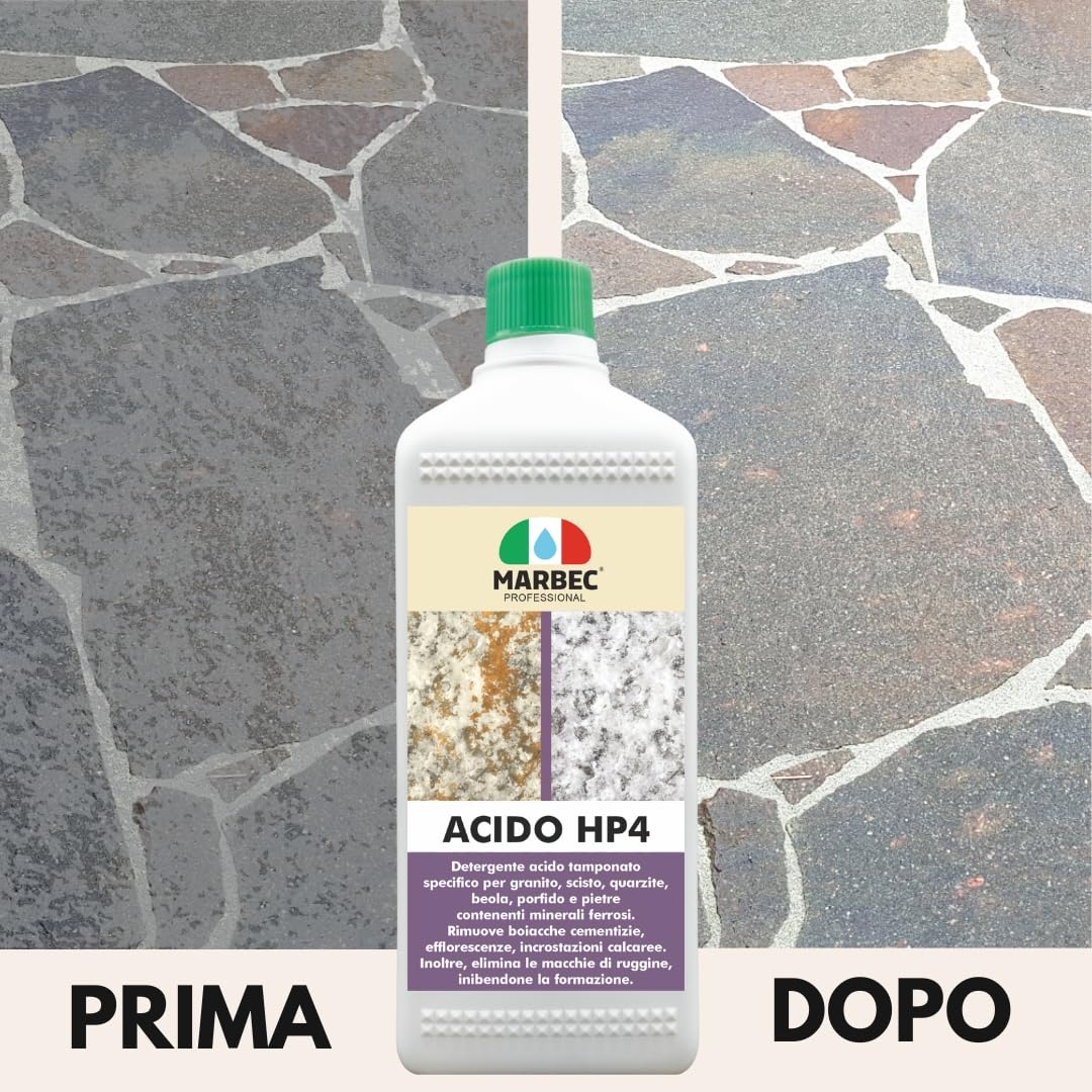 MARBEC ACIDO HP4 5LT Detergente acido tamponato specifico per la pulizia disincrostante di pavimenti in porfido, granito e pietre contenenti materiali ferrosi.