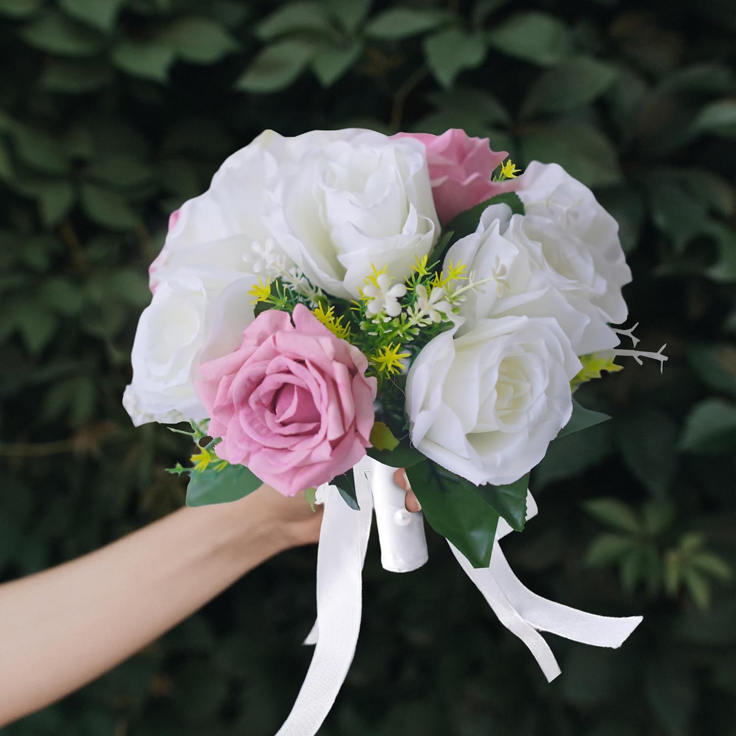 Wedding Bouquets for Bride - Realistic Silk Flowers Artificial Roses, 8 Inch Bridesmaid Bouquet for Ceremony, Church, Anniversary, and Home Decoration (White & Pink) - Image 5