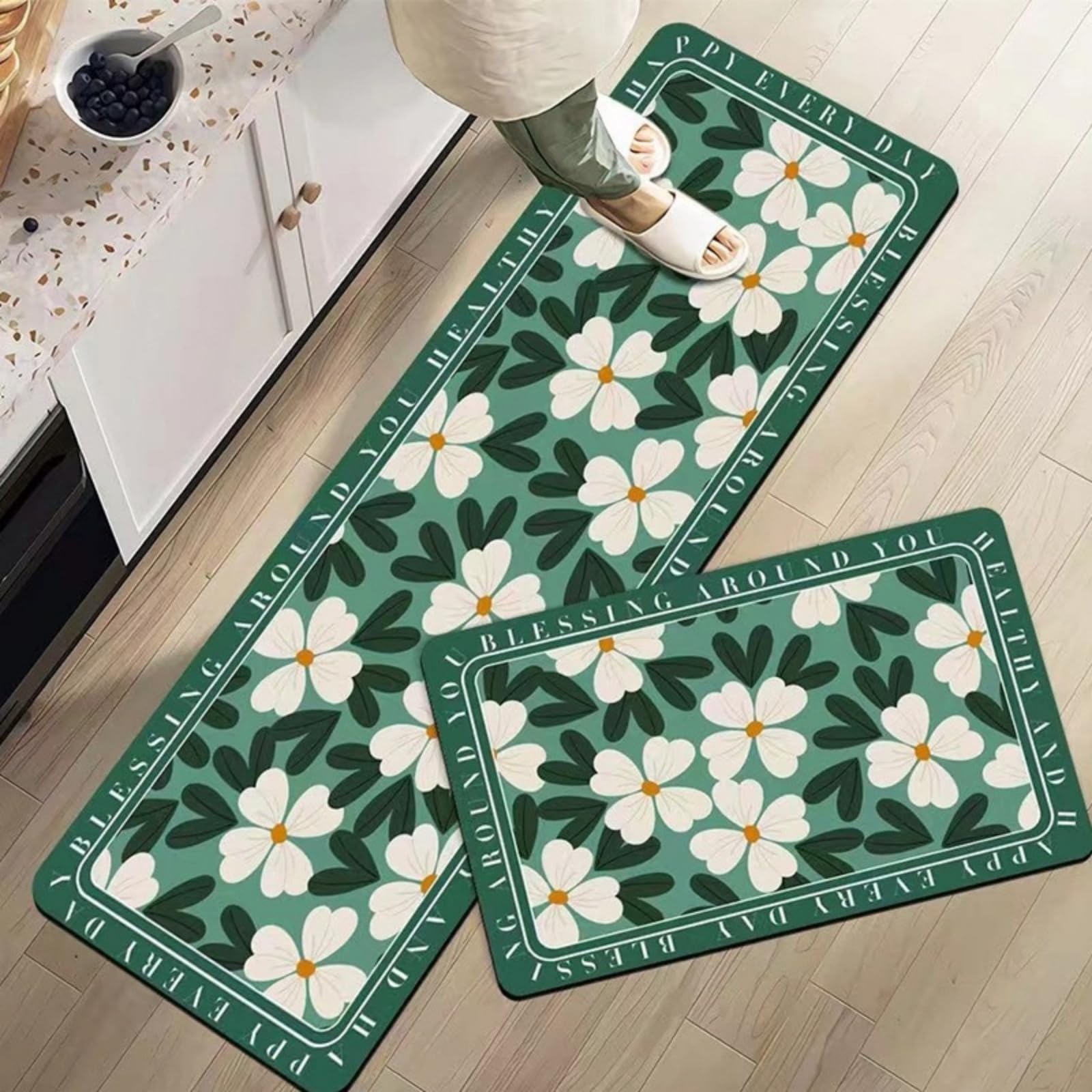 Tapis cuisine antidérapant et lavable imperméable vert blanc
