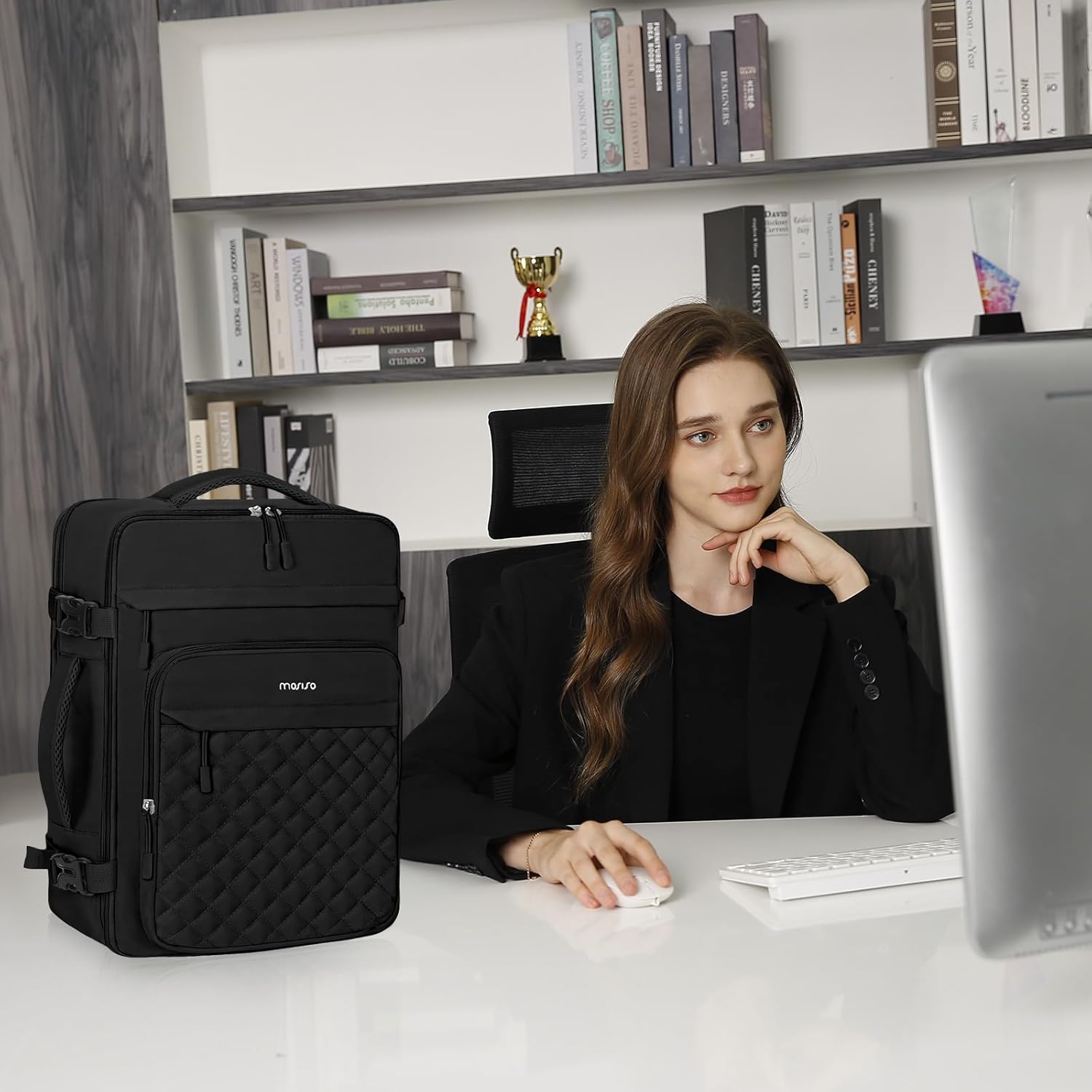 MOSISO Travel Backpack for Women Men, 15-15.6 inch Rhombus Quilted Laptop Backpack Flight Approved with Packing Cubes, 16 inch Carry on Daypack with USB Port for College Work Business, Black - Image 9