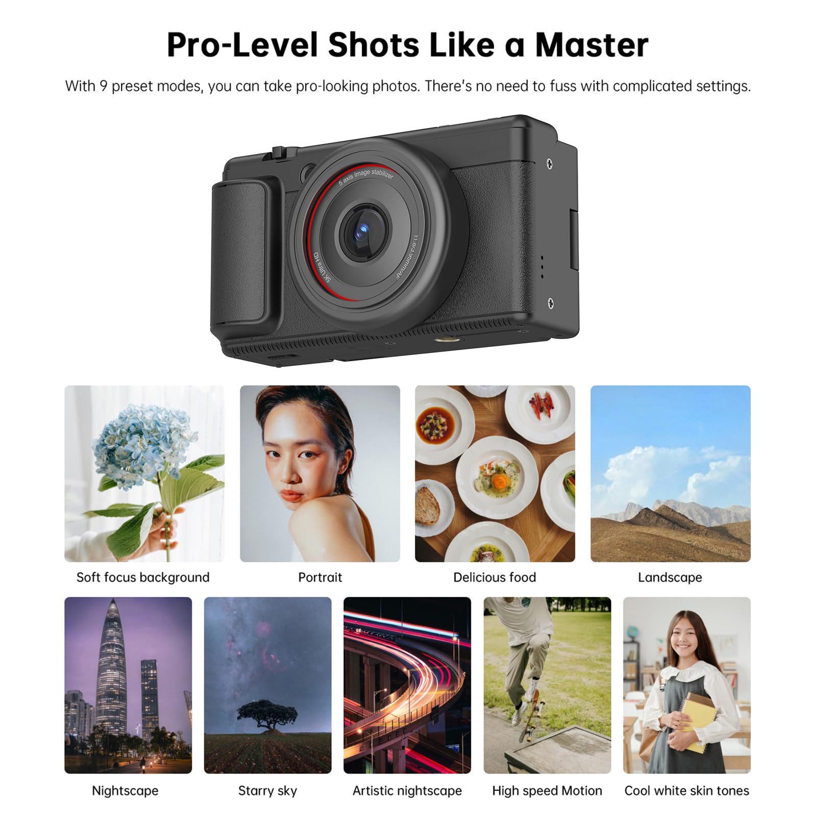 Bewinner Fotocamera Digitale 5k per Fotografia, Fotocamera Vlogging Portatile da 80 MP con Schermo di Lancio da 2,8 "180 °, Autofocus 16x Zoom Vlog da Viaggio per Principianti (BLACK)