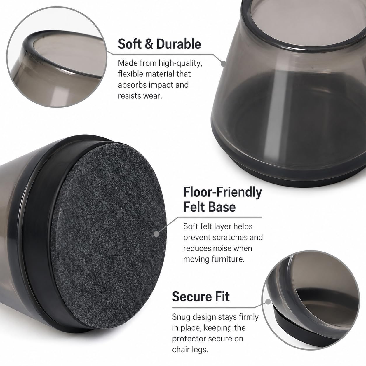 16 Pcs Gommini per Sedie in Silicone con Feltrini Neri, Diametro 30-40 mm | Proteggi Pavimenti Antigraffio e Antirumore per Legno Duro, Piastrelle e Laminato, per Gambe Dritte e Inclinate