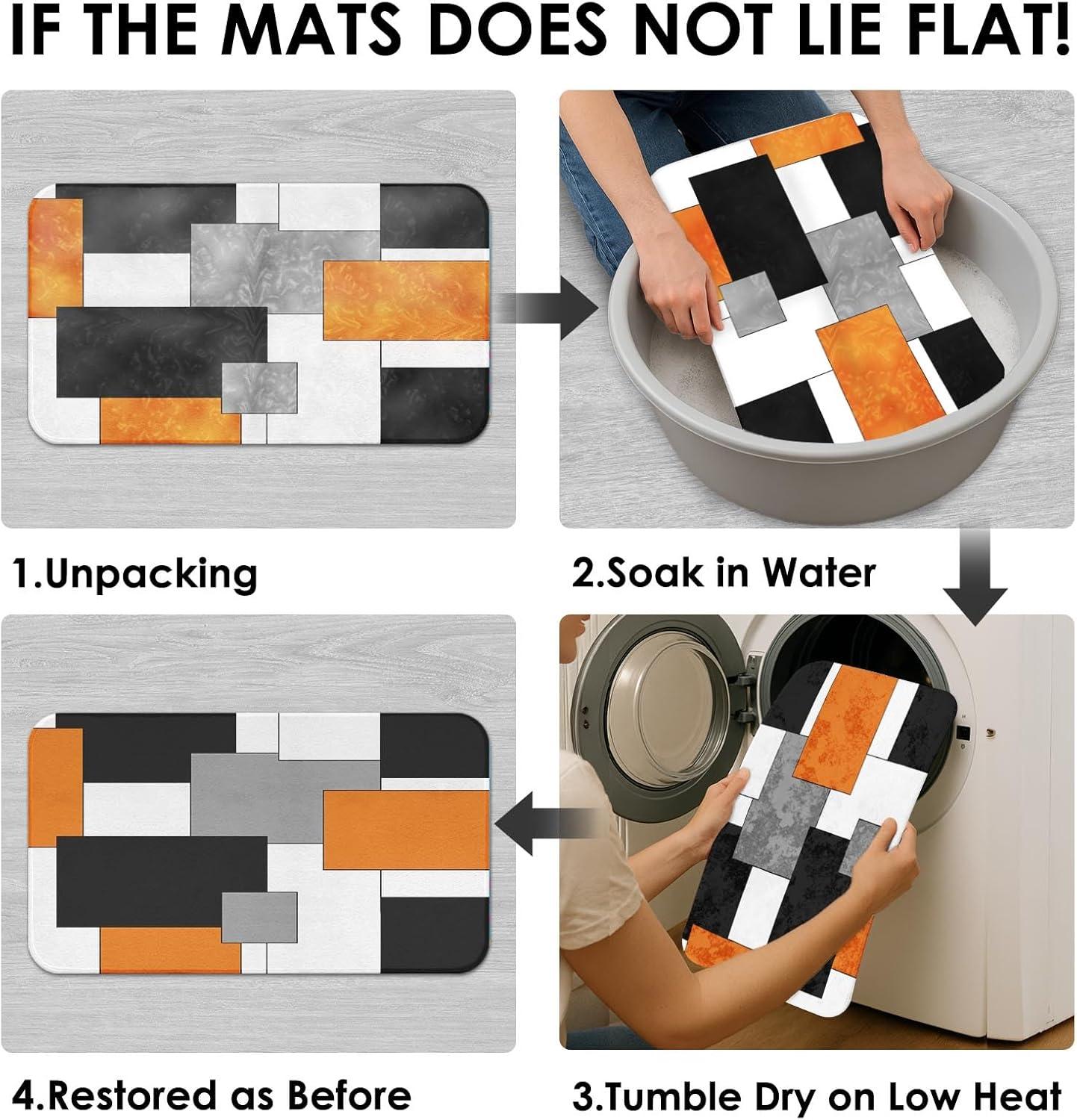 Orange Geometric Shower Curtain Set with Toilet Lid Cover and Non-Slip Rugs for Bathroom, Black White Grey Checkered 4 Pcs Shower Curtain, Modern Abstract Bathroom Set with 12 Hooks