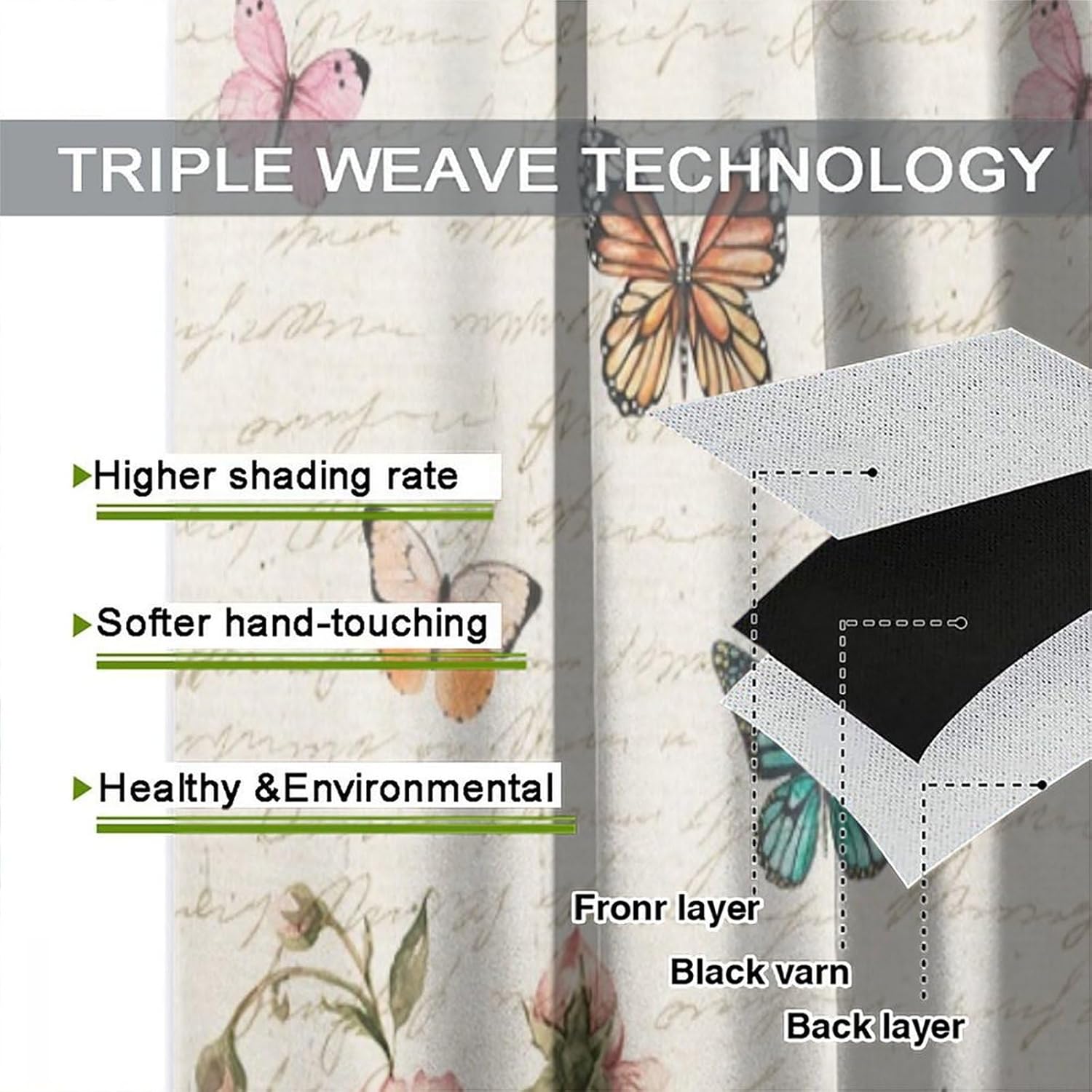 Retro Butterfly Blackout Curtains, Kids Girls Watercolor Vintage Pink Rose Floral Handwriting Window Treatments for Bedroom Kitchen Bedroom Drapes 2 Panels 72x63 Inch