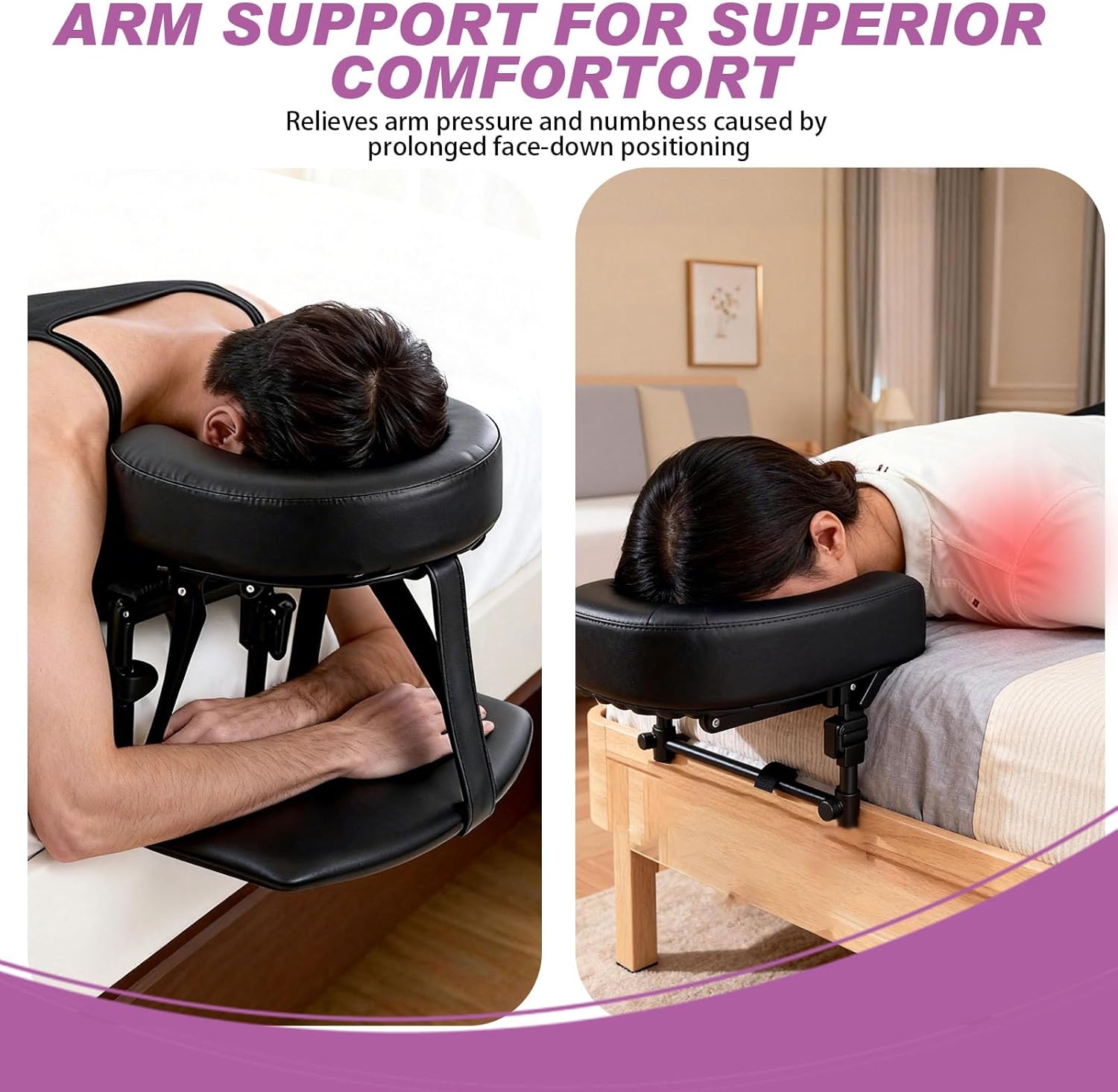 Massage Headrest for Bed with Armrest, Adjustable Bed Massage Head Holder for Home Spa, Portable Face Down Pillow After Eye Surgery Recovery Kit, Fits 6"–17" Mattresses, Black