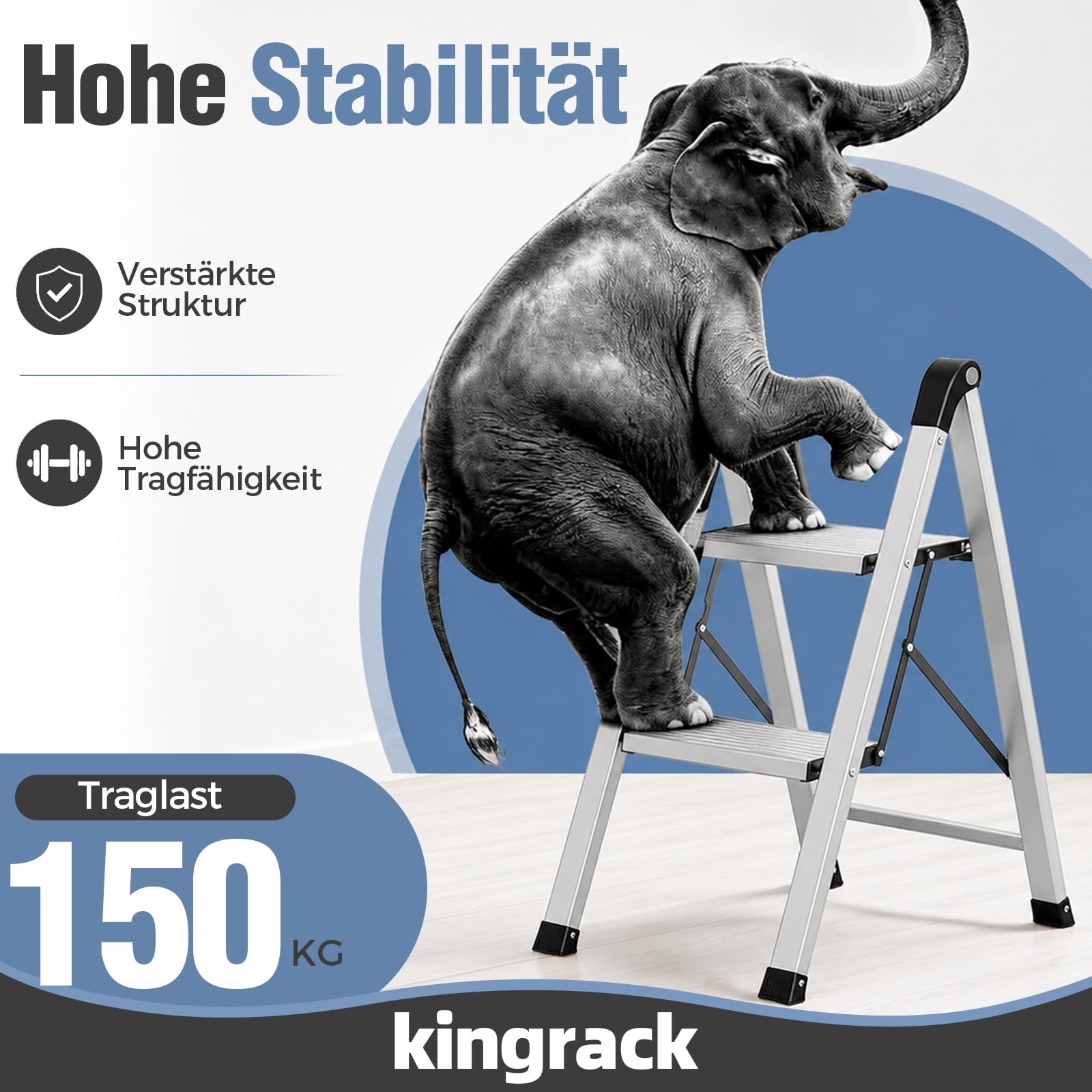 KINGRACK Trittleiter 2 Stufen Klappbar, Tritthocker aus Aluminium & Stahl | Klapptritt mit Breite rutschfeste Pedale, Sicherheitsverriegelung, bis 150kg, für Haushalt, Küche, Garage, Wohnmobil, Silber