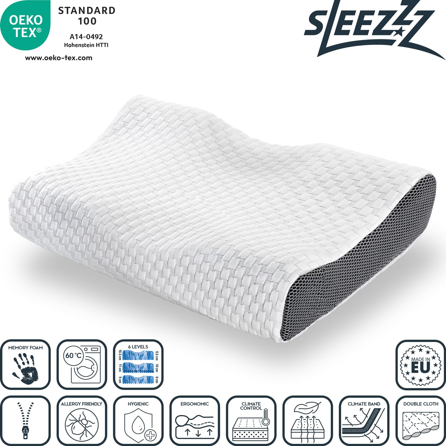 Premium ergonomiczna poduszka podpierająca kark z efektem żelowym, z regulacją wysokości, pianka Gel Memory Foam, ergonomiczna poduszka pod głowę 32 x 60 cm