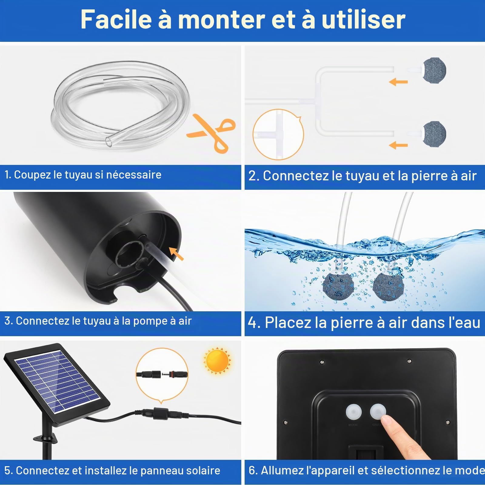 GuKKK Kit de Pompe à air à énergie Solaire, Pompe à oxygène Solaire pour Aquarium 4 W, aérateur Solaire de Bassin, tuyaux et Pierres de Ventilation, pour Aquarium, étang de pêche