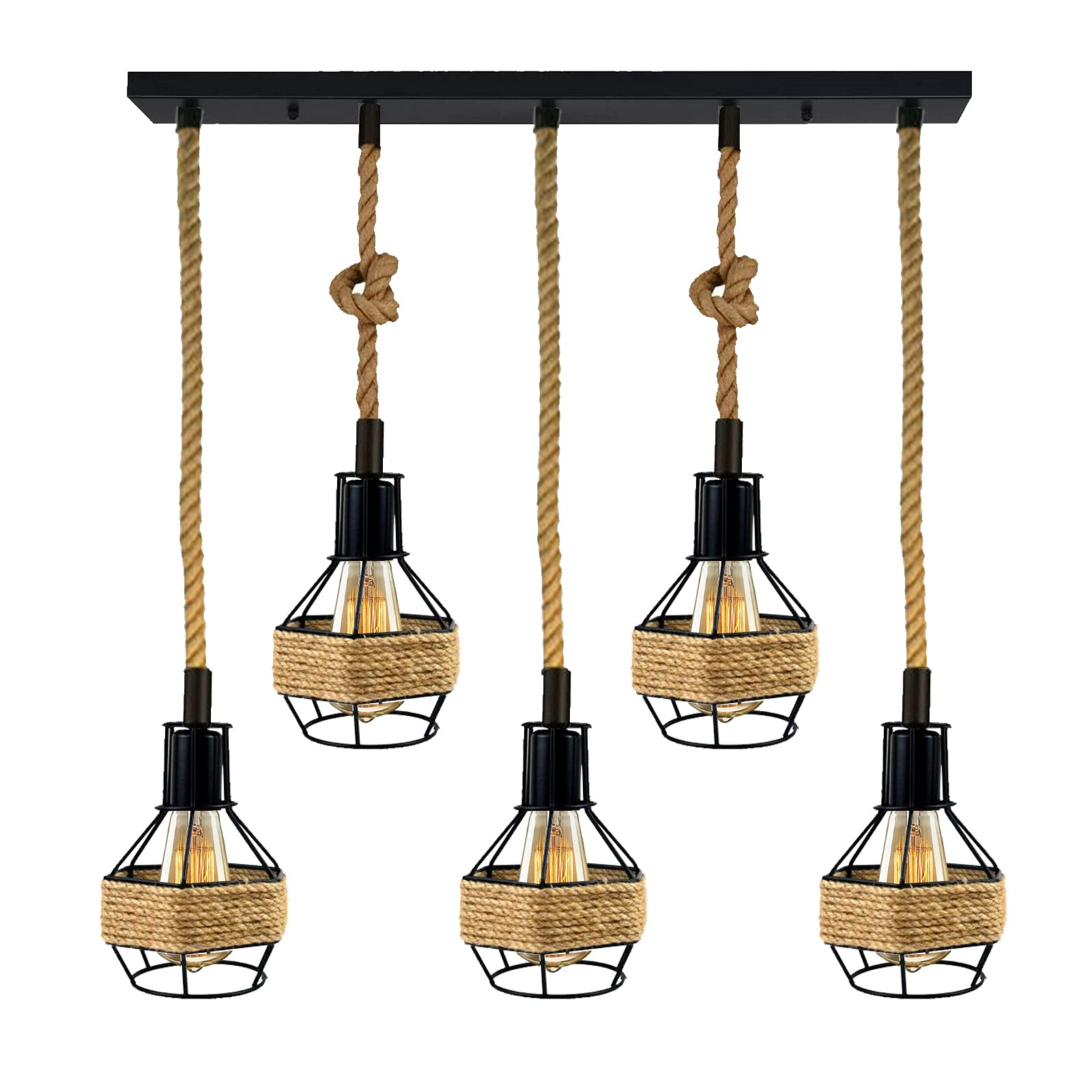 Ledsone Black+Brown 5 Head Vintage Pendant Light – E27 Hemp Rope Ceiling Light Fitting With Metal Cage | 1M Twisted Cable | Kitchen, Dining Room, Bar, Café