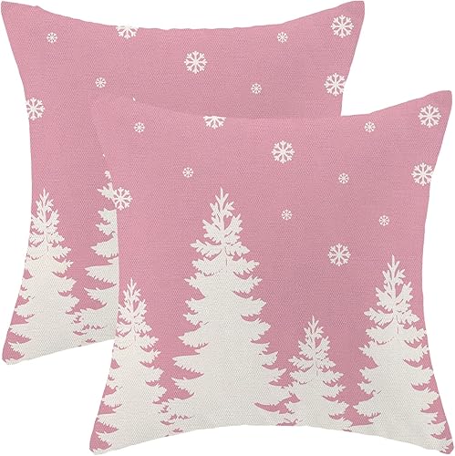 CXMEIFLY Juego de 2 fundas de almohada de Navidad de 20 x 20 pulgadas, diseño de copos de nieve de árbol de Navidad, color rosa y blanco, fundas de