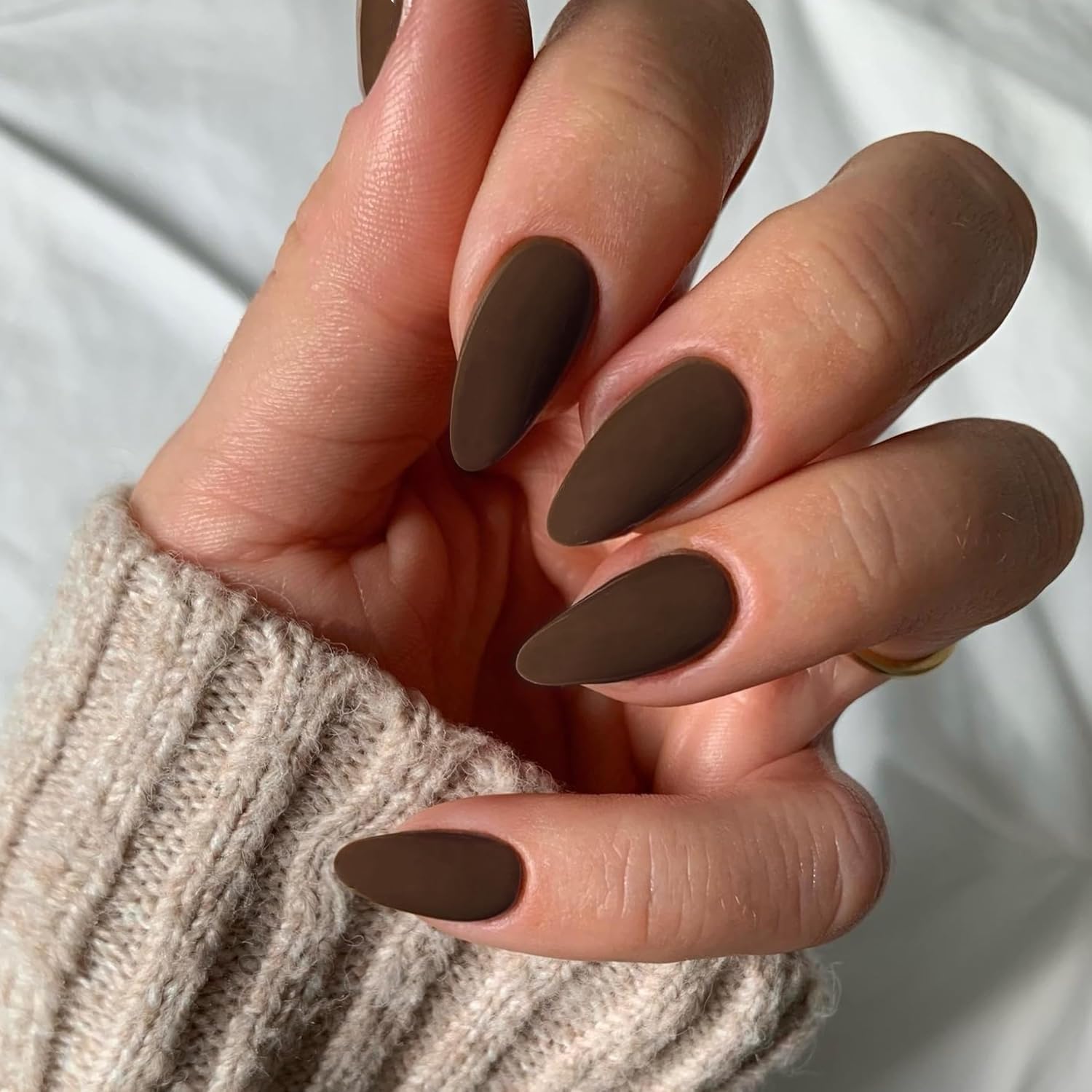 SXVME Soft Gel Press on Nails Almond Shape, Matte Brown False Nails Medium Length, Natural Solid Color Fake Nails Set